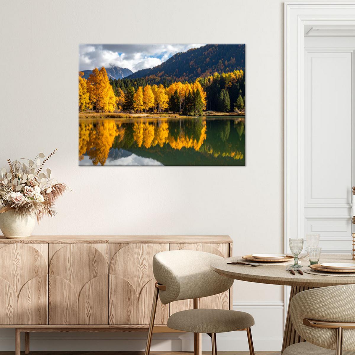 LEINWANDBILD Herbstlandschaft See Berge Natur 100x70cm - Gelb, Textil (100/70cm) - Feeby