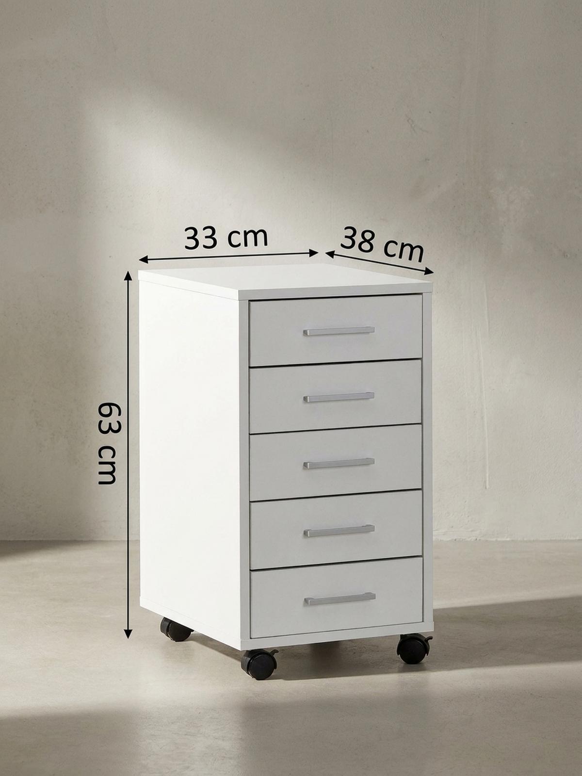 SCHUBLADENSCHRANK Holz 5 Schubladen Mit Rollen ITTER, Weiß 33x38x63 cm - Schwarz/Weiß, Holz/Kunststoff (33/63/38cm) - KADIMA DESIGN