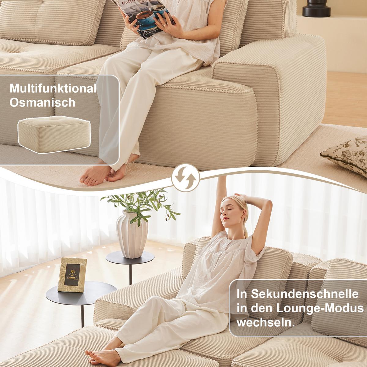 2-SITZER SOFA cord beige modular & extra tiefer sitz - Beige, Textil (204/69/104cm) - Urban Meuble
