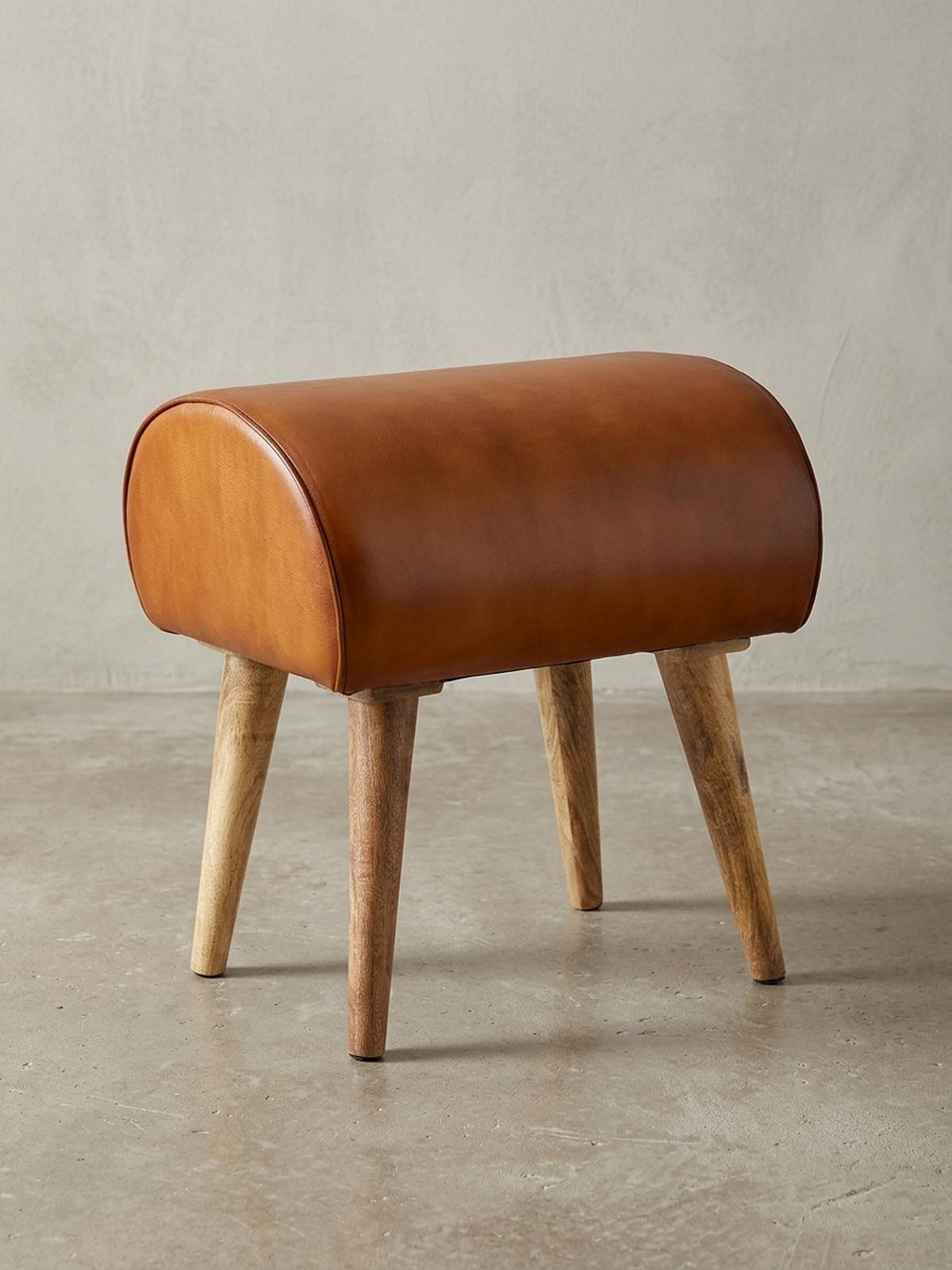 SITZHOCKER – Echtleder/Massivholz, 45x53x40 cm, 120 kg Belastbarkeit - Braun, Mangoholz/Leder (45/53/40cm) - KADIMA DESIGN