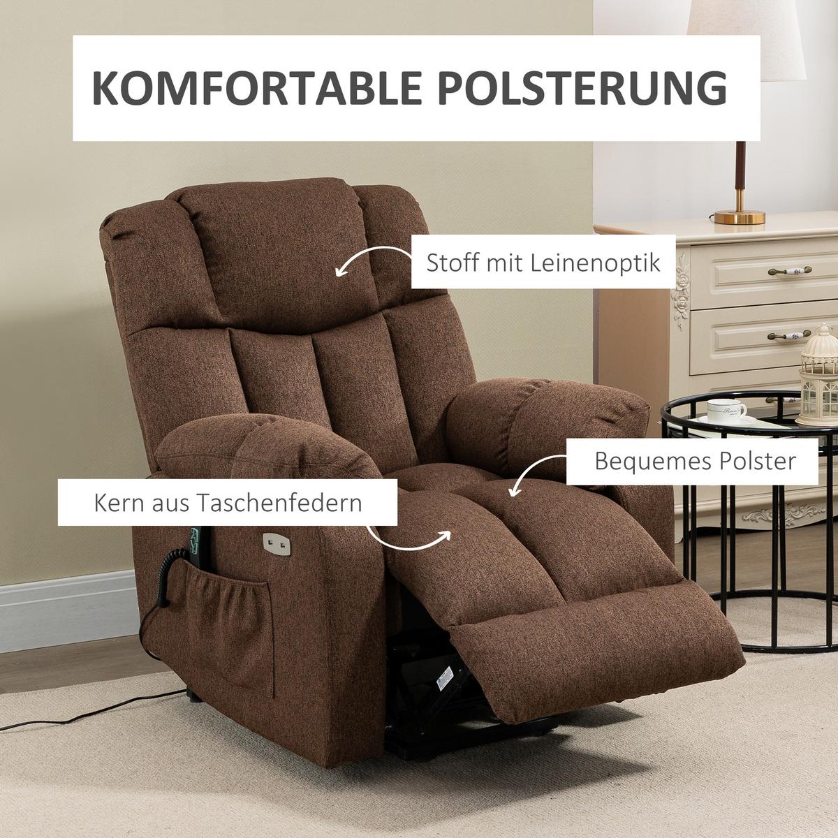 ELEKTRISCHER Aufstehsessel Liegestuhl mit Fernbedienung Netzkabel 58W Braun - Braun, Kunststoff (95/107/92cm) - HOMCOM