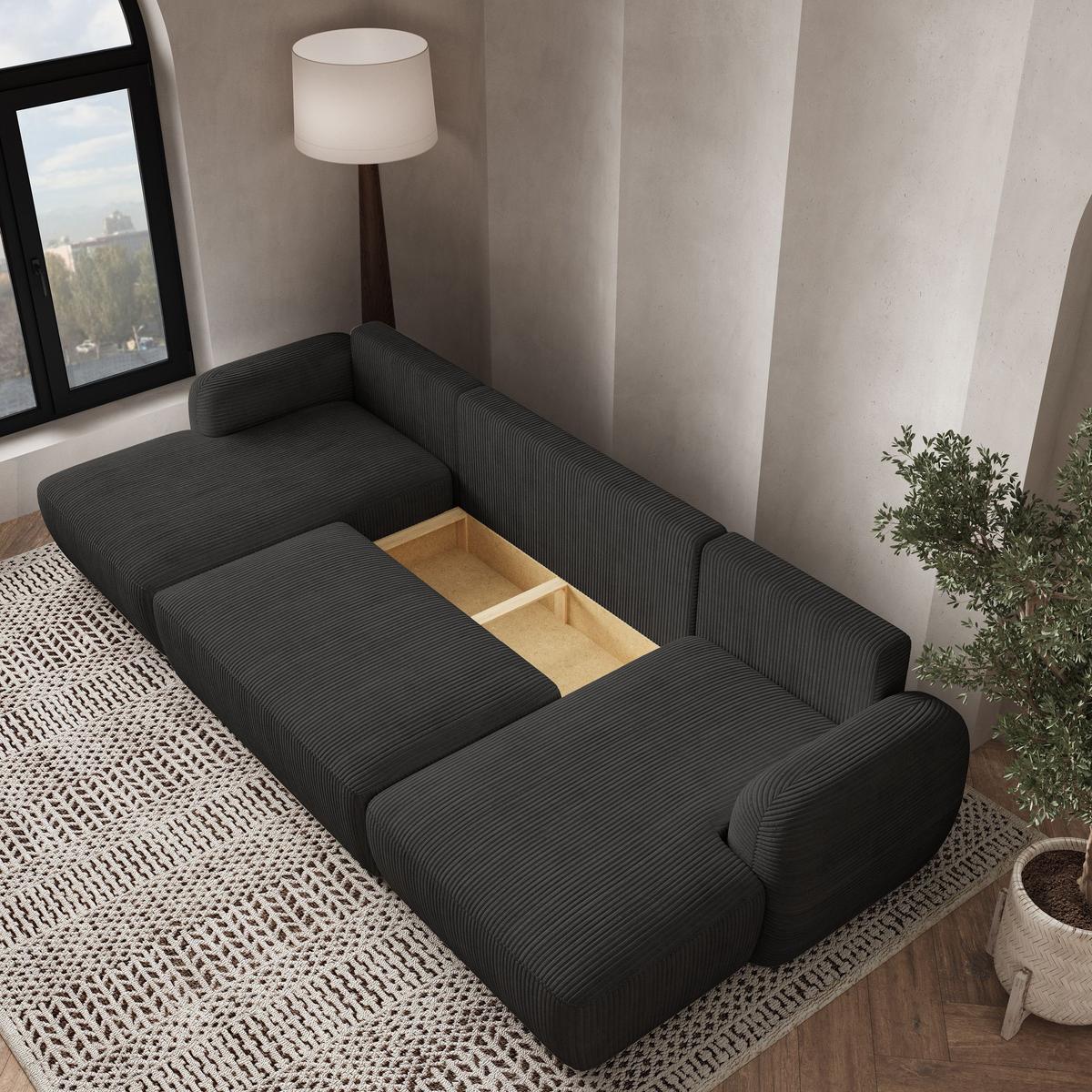 WOHNLANDSCHAFT SAVONA P Schwarz Kordstoff mit Schlaffunktion - Schwarz, Holz/Kunststoff (320/90/148cm) - MASSENO