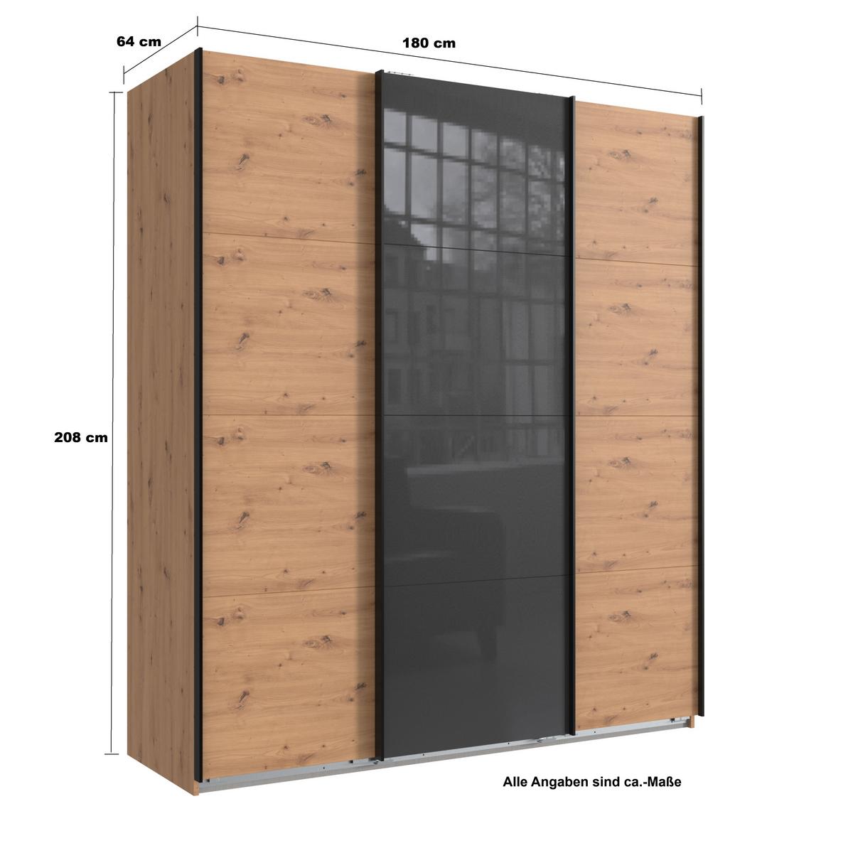 SCHWEBETÜRENSCHRANK 3-türig B180/H208/T64 cm in Eiche Artisan Dekor, Kleiderschrank mit einer Glasfront-Tür in Grau / 22517 - Eichefarben/Braun, Holzwerkstoff/Metall (180/208/64cm) - luma-home