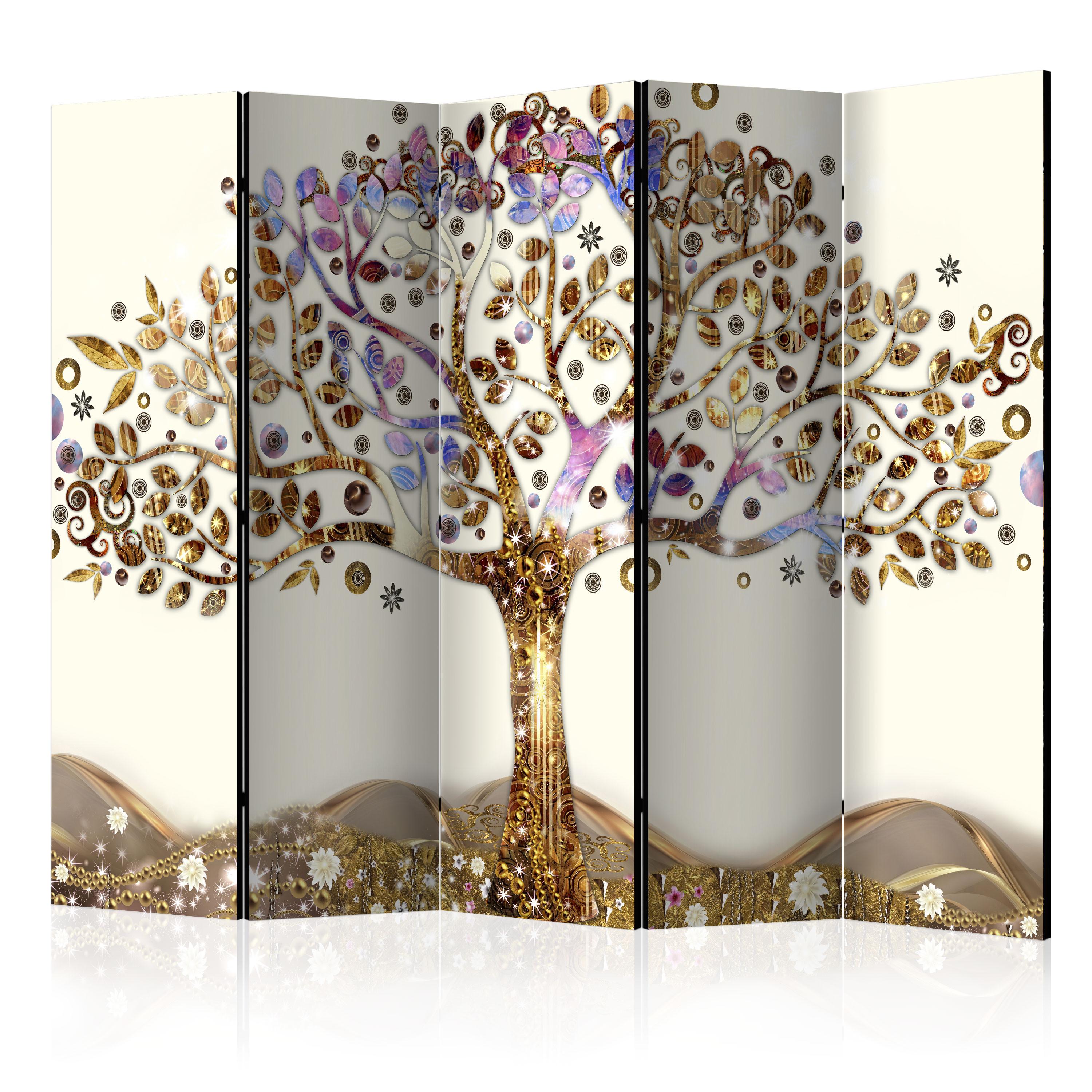 PARAVENT Akustik 5-tlg 225x172 cm Goldener Baum - Multicolor, Holz/Textil (225/172/3cm) - Muralo