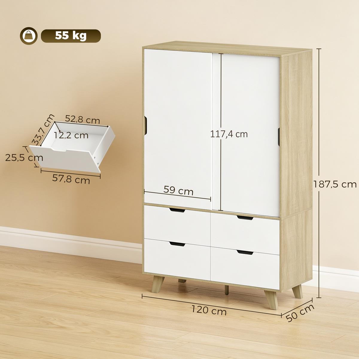 KLEIDERSCHRANK MDF Kiefernholz Eiche Weiss - Weiß, Holz/Holzwerkstoff (50/187.5/120cm) - HOMCOM
