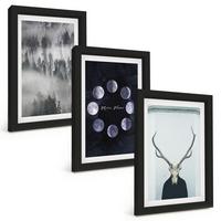 BILDER SET 3er Set - 20x30 cm Schwarzer Rahmen - Waldlandschaft, Nebel, Mond, Hirschschädel - Schwarz, Kunststoff (20/30cm) - TULUP