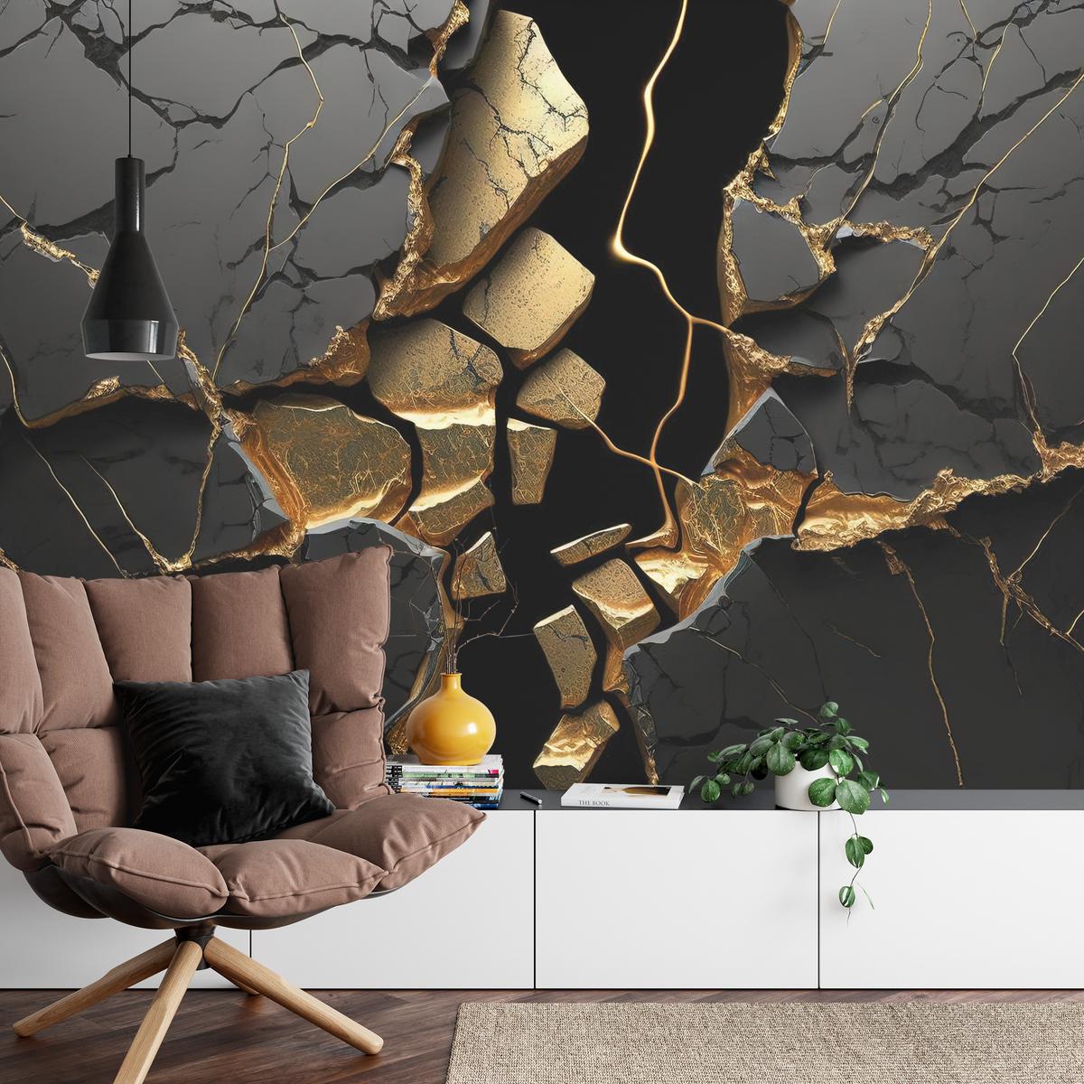 FOTOTAPETE für Wohnzimmer Schwarzer Abstrakter Marmor Gold Risse Wand 300x210 - Schwarz, Papier (300/210cm) - Muralo