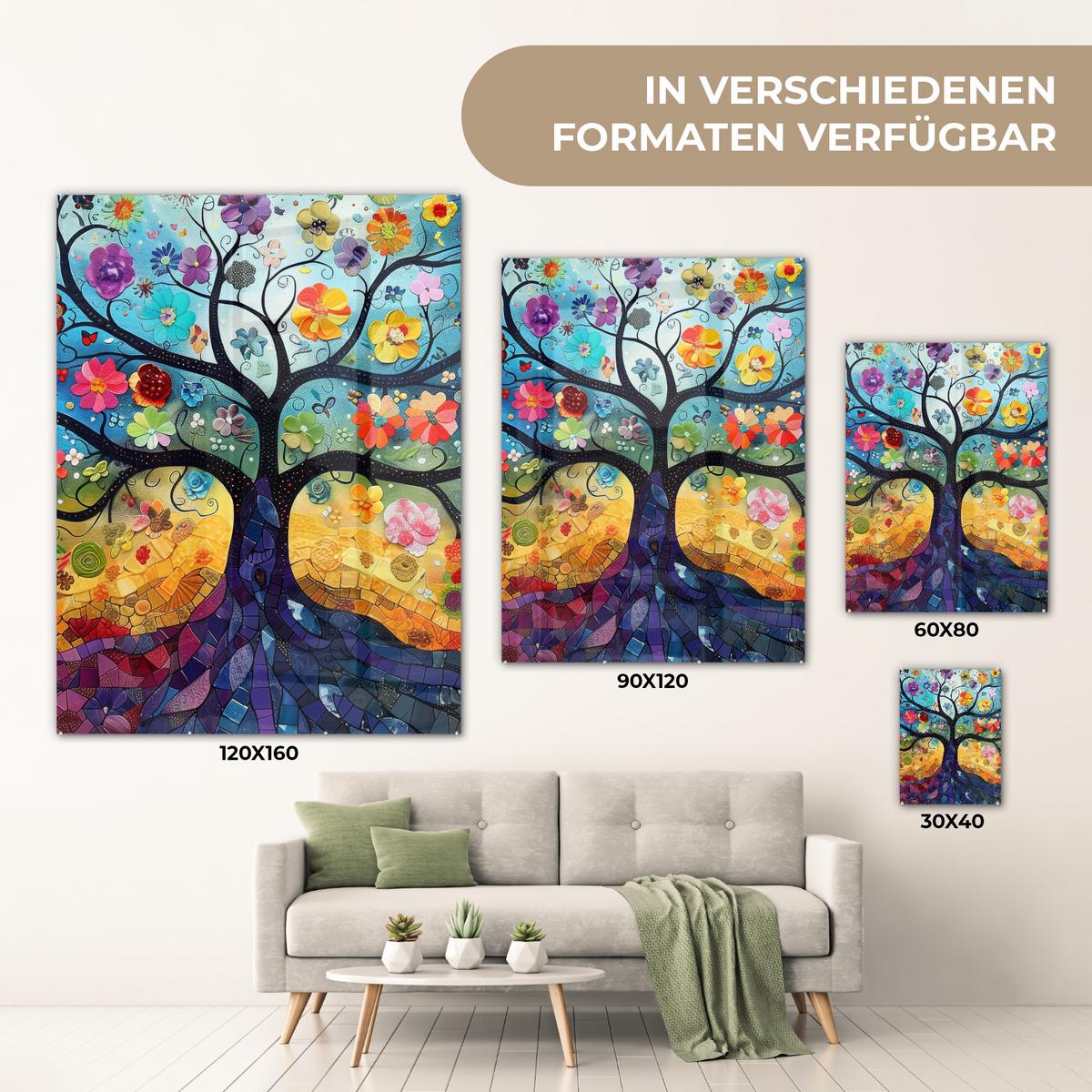 ACRYLGLASBILD Kunst - Baum des Lebens - Blumen - Hippie 60x80 cm - Dunkelblau, Glas (60/80cm) - MuchoWow