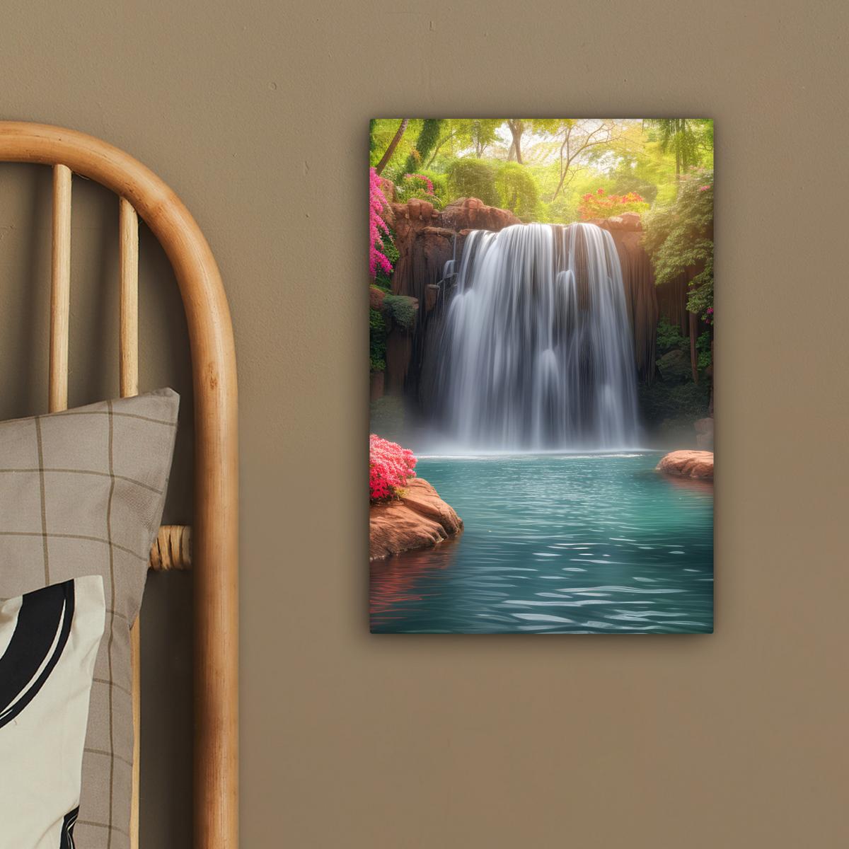 LEINWANDBILD Wasserfall - Natur - Pflanzen - Dschungel - Wasser Deko Wohnzimmer 20x30 cm - Grün, Textil (20/30cm) - MuchoWow