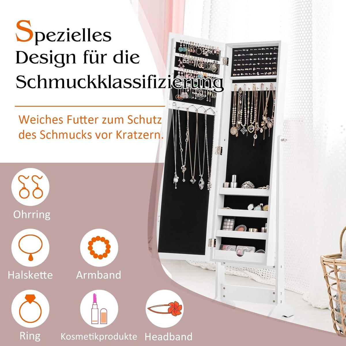 SCHMUCKSCHRANK 144cm Weiß - Weiß, Holz (35/144/30cm) - COSTWAY