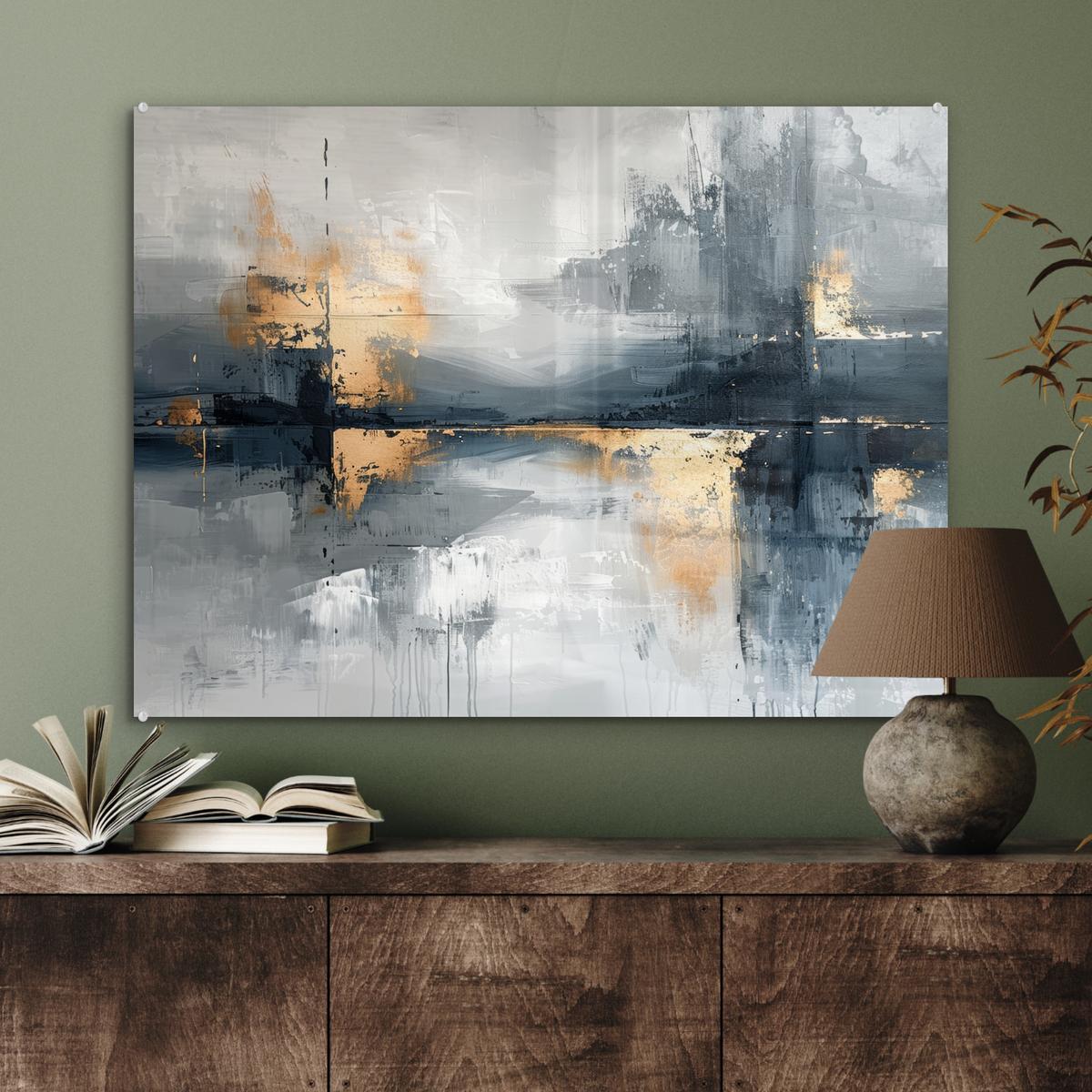 ACRYLGLASBILD Kunst - Grau - Gold - Abstrakt 80x60 cm - Dunkelgrau, Glas (80/60cm) - MuchoWow
