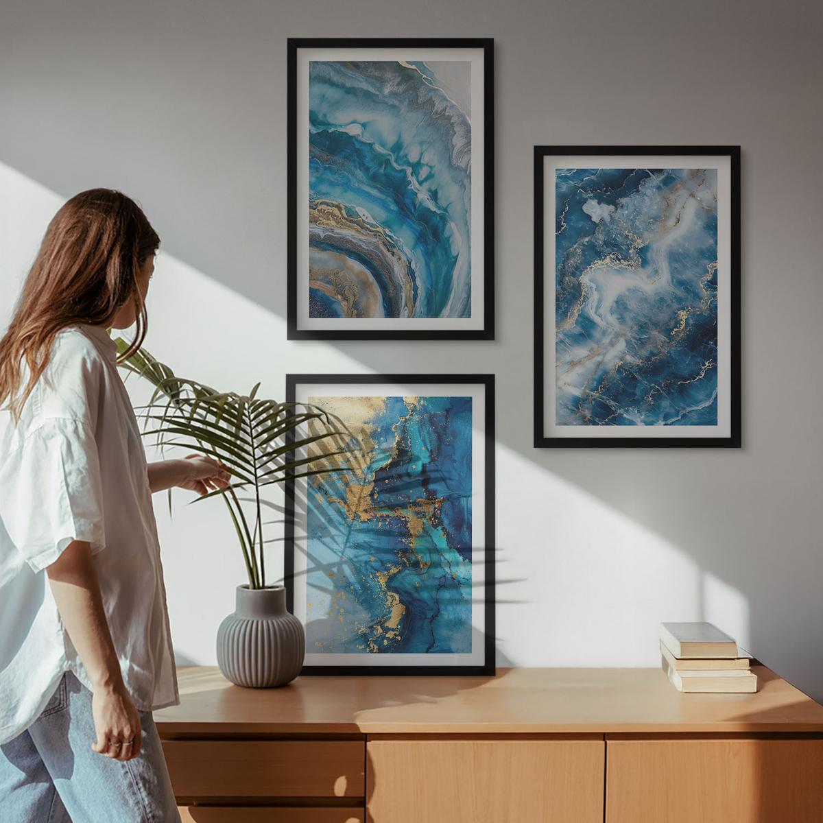 BILDER SET 3er Set - 40x60 cm Schwarzer Rahmen - Blaue abstrakte Muster - Schwarz, Kunststoff (40/60cm) - TULUP