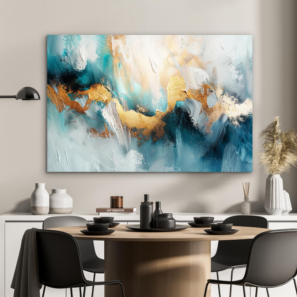 METALLBILD Abstrakt - Kunst - Gold - Blau Deko Groß 120x80 cm - Petrol, Metall (120/80cm) - MuchoWow