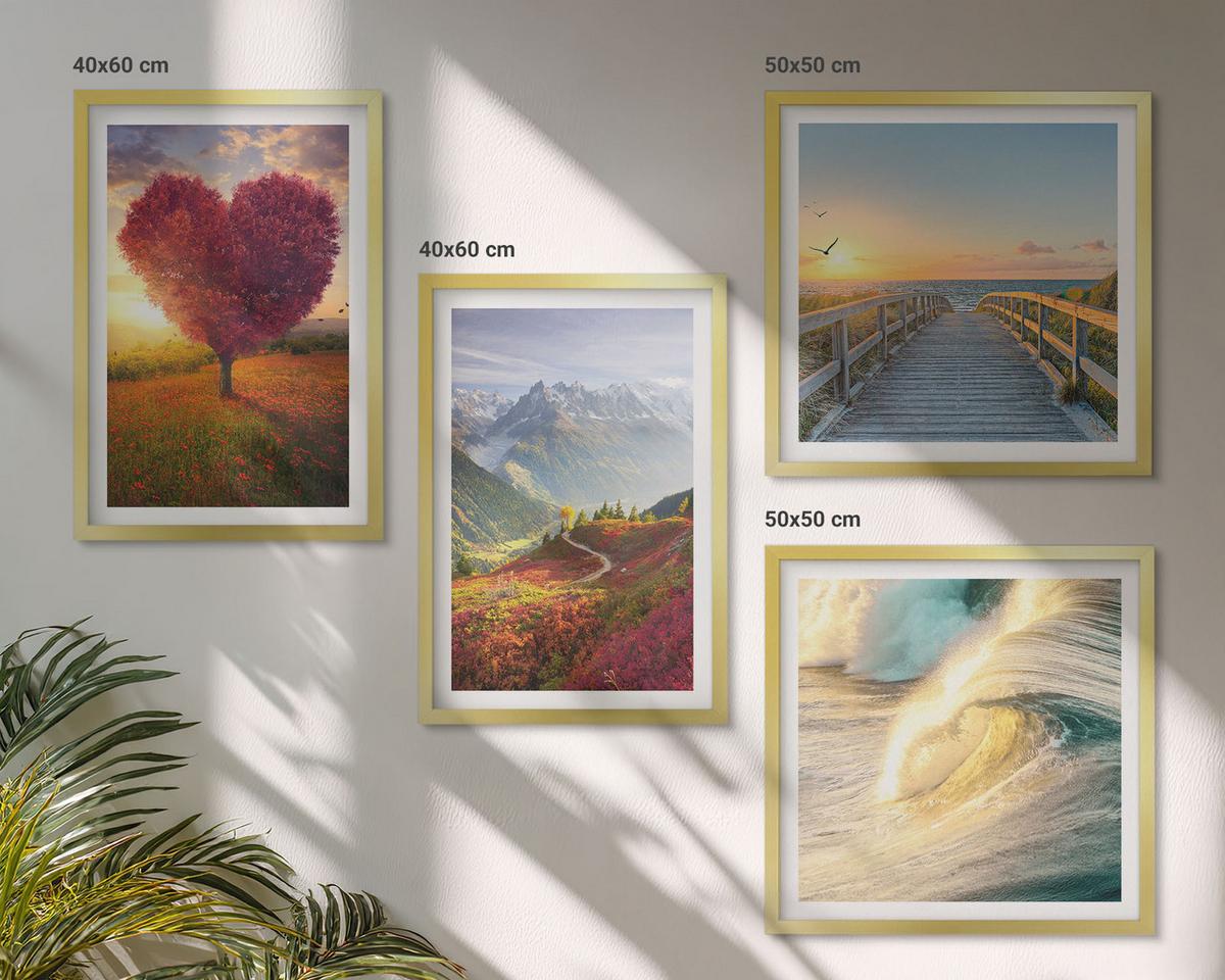 BILDER SET 4er Set - 50x50 cm & 40x60 cm Goldrahmen - Landschaften Berge Wellen Baum Herz Pier - Goldfarben, Kunststoff (50/50cm) - TULUP