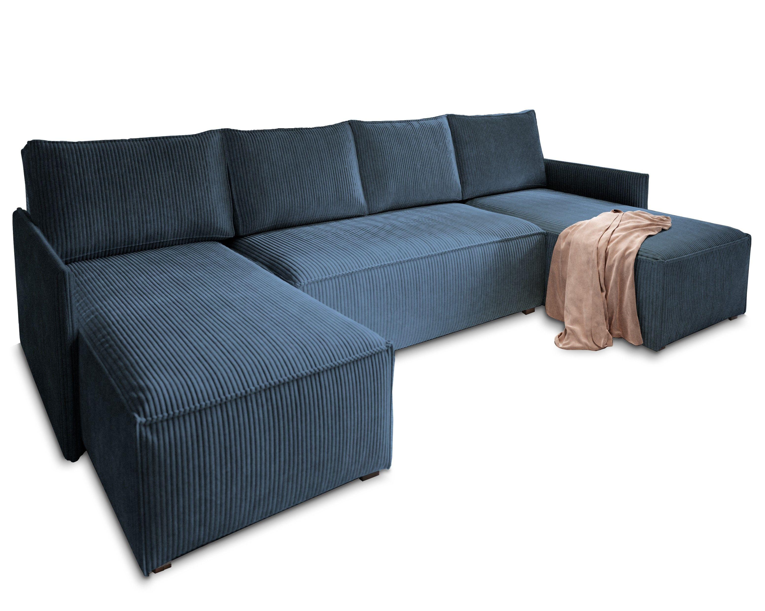 WOHNLANDSCHAFT TRES Blau Kordstoff mit Schlaffunktion - Blau/Grau, Holz/Kunststoff (271/85/140cm) - MASSENO