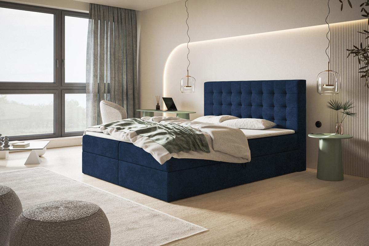 BOXBETT RIO mit 2 Bettkästen, 140x200, Farbe: Dunkelblau, Velourstoff, Doppelbett mit Bonell-Matratze - Dunkelblau, Holz/Kunststoff (140/200cm) - Alpi-Möbel