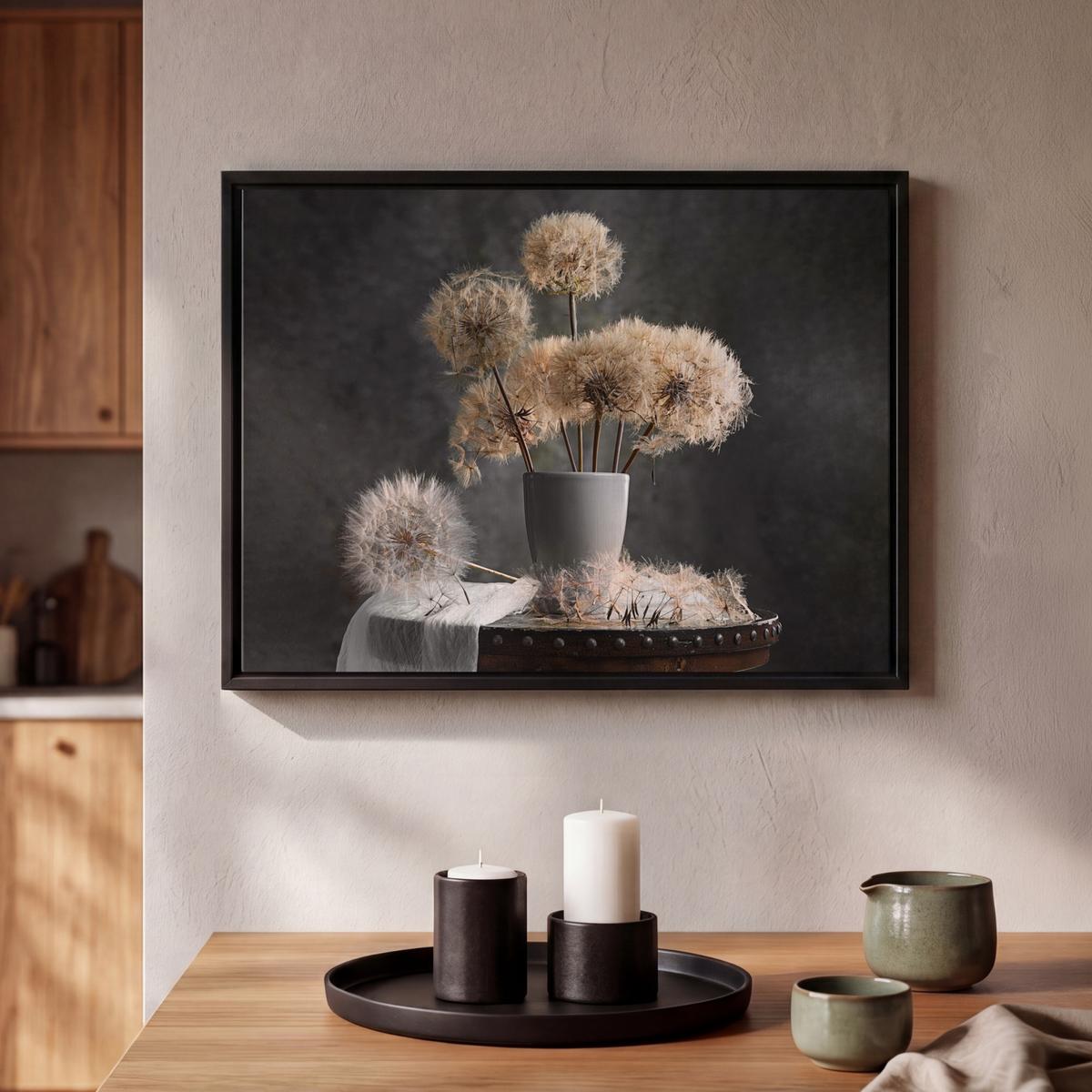 LEINWAND Bilder mit Rahmen - Blumensamen - Löwenzahn - Vase - Stilleben - Blumenstrauß - 40x30 - Dunkelgrau, Textil (40/30cm) - MuchoWow