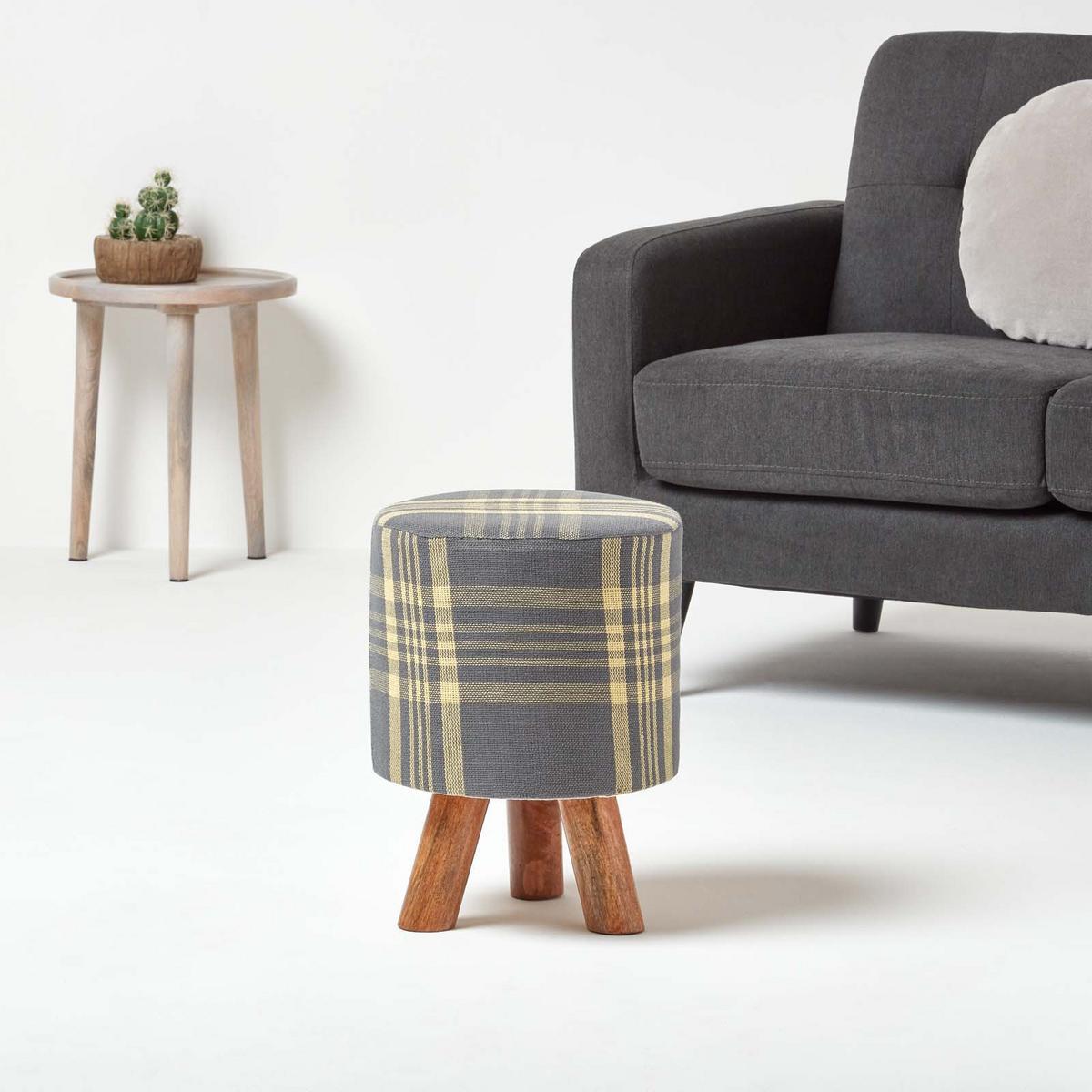SITZHOCKER grau kariert, Dreibein 32/32/42 cm - Grau, Textil (32/42/32cm) - Homescapes
