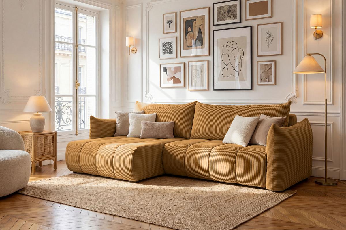 ECKSOFA Liv mit Schlaffunktion & Bettkasten in Cordstoff Senfgelb, Universell 260/154/86 cm - Gelb/Schwarz, Kunststoff/Textil (260/154cm) - WFL GROUP