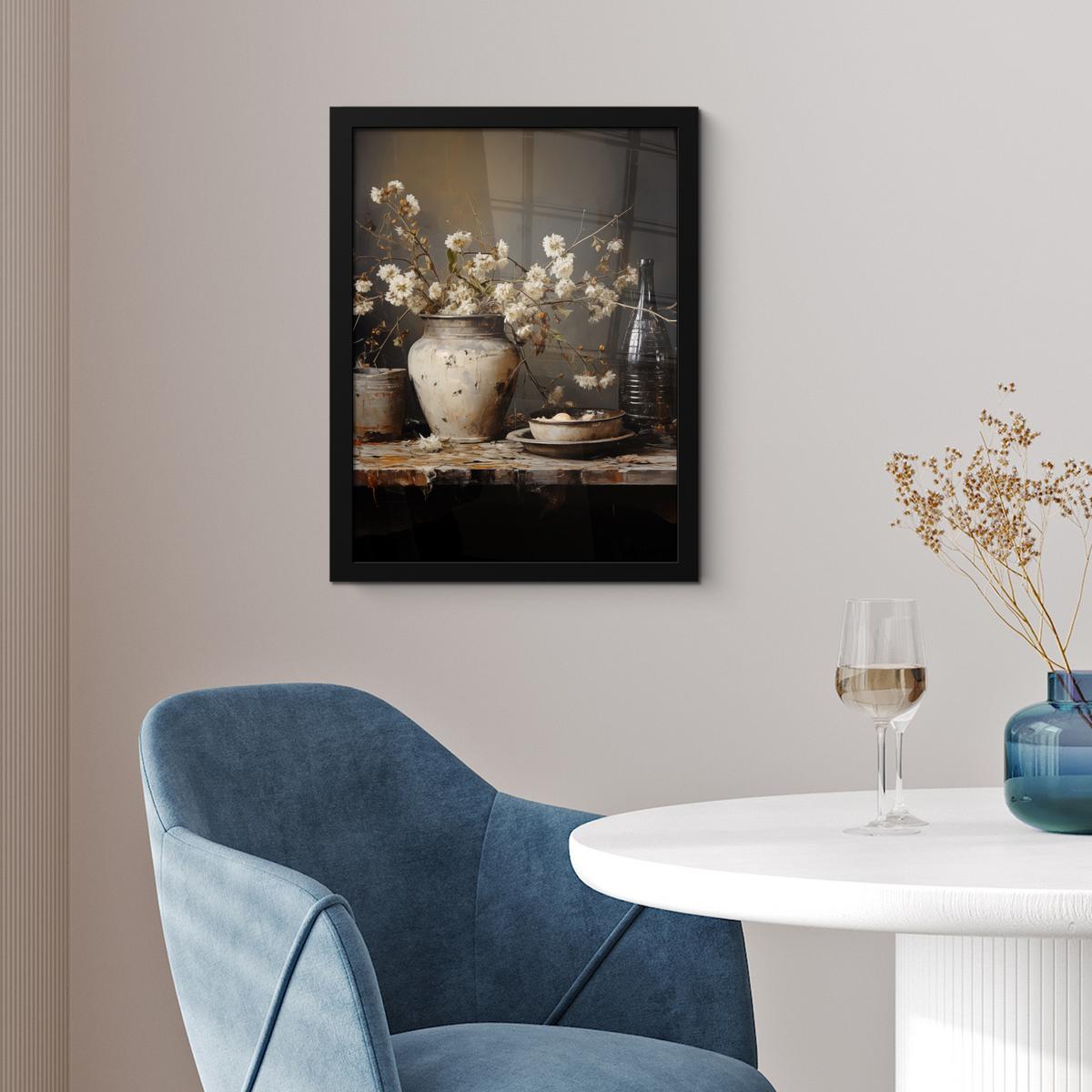 POSTER MIT RAHMEN Stilleben - Blumen - Blumenstrauß - Vase - Wein Bilderrahmen 30x40 cm - Schwarz, Papier (30/40cm) - MuchoWow
