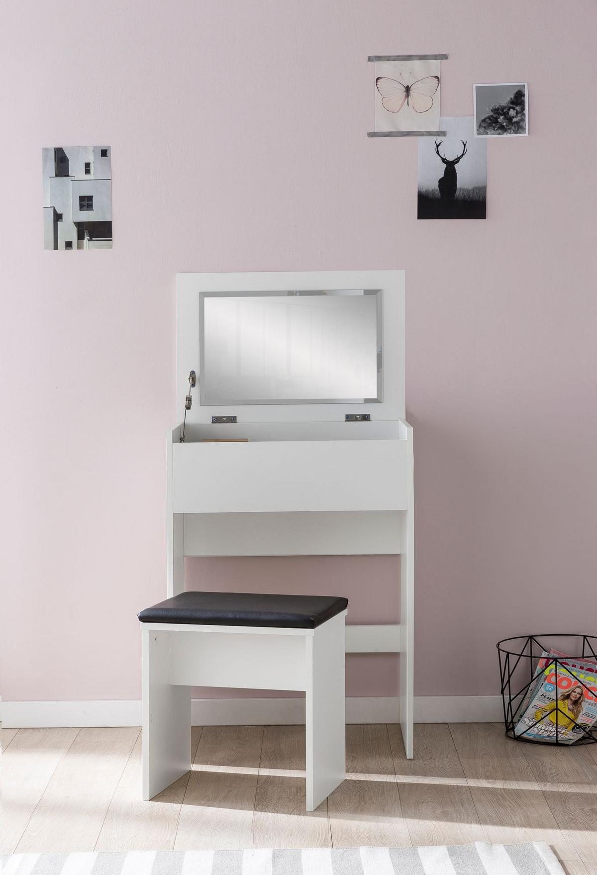 SCHMINKTISCH – Weiß, Klappspiegel & Hocker, Melaminharzbeschichtung, pflegeleicht & modern - Schwarz/Weiß, Holz/Textil (60/81/40cm) - KADIMA DESIGN