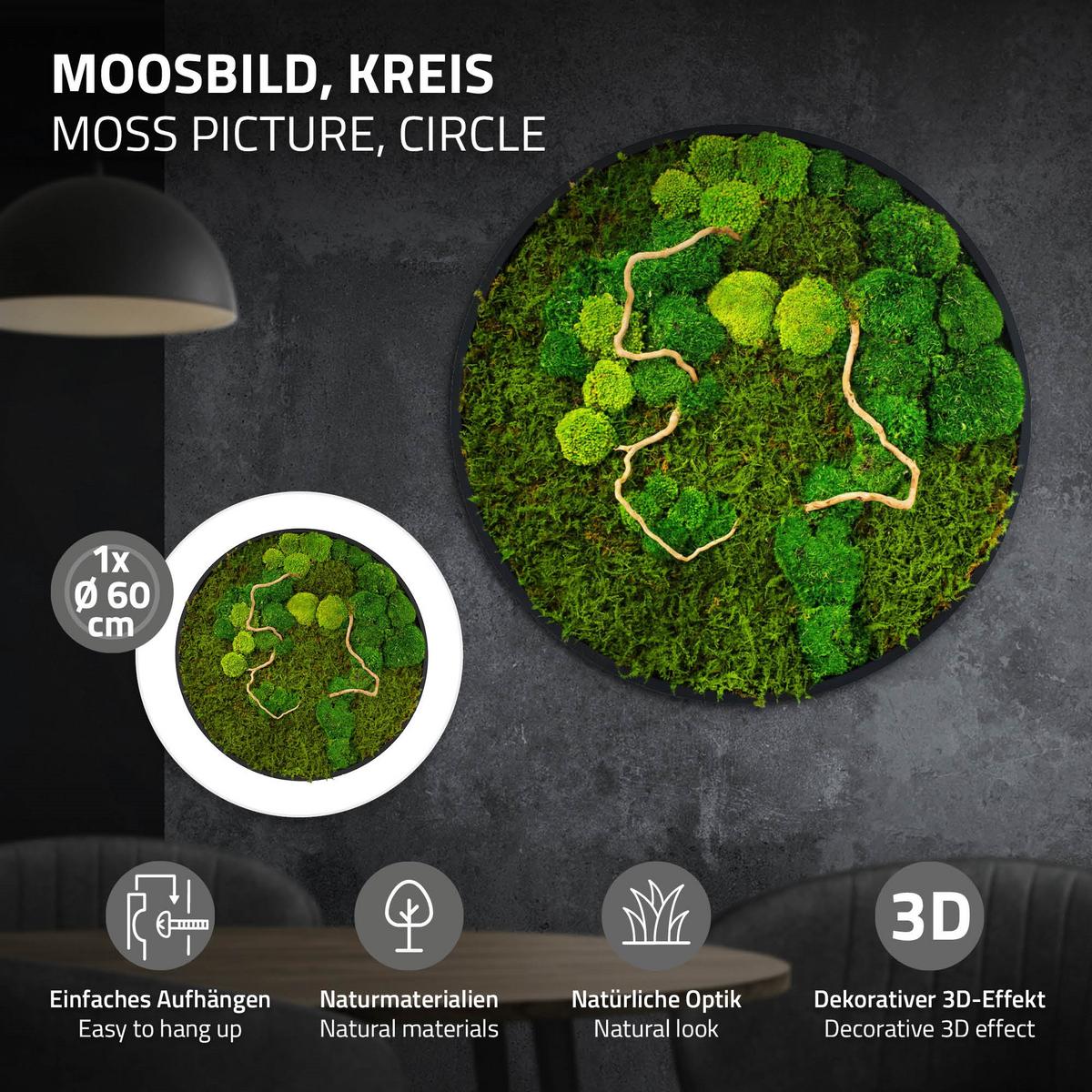 MOOSBILD Rund Ø 60 cm Mooswand Indoor mit echtem Kugelmoos-Flachmoos-Mix und Ästen Holzrahmen Grün - Grün, Naturmaterialien (60/60/3cm) - ECD-Germany