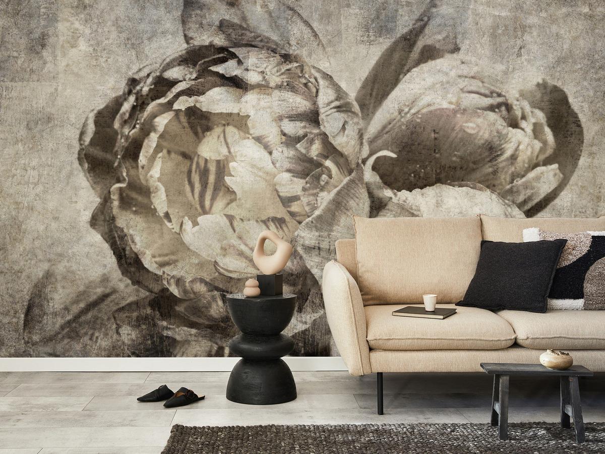 FOTOTAPETE Pfingstrosen Blumen Beton Vintage 350x256 - Beige/Braun, Papier (350/256cm) - Muralo