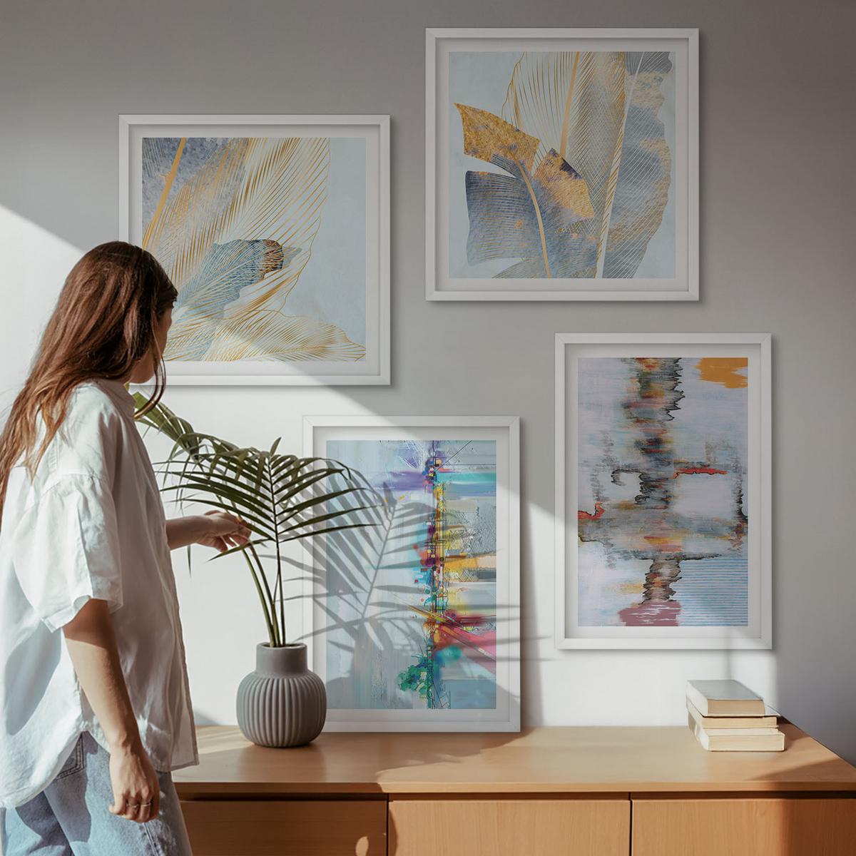 BILDER SET 4er Set - 50x50 cm & 40x60 cm Weißer Rahmen - Abstrakte Gemäldekompositionen - Weiß, Kunststoff (50/50cm) - TULUP