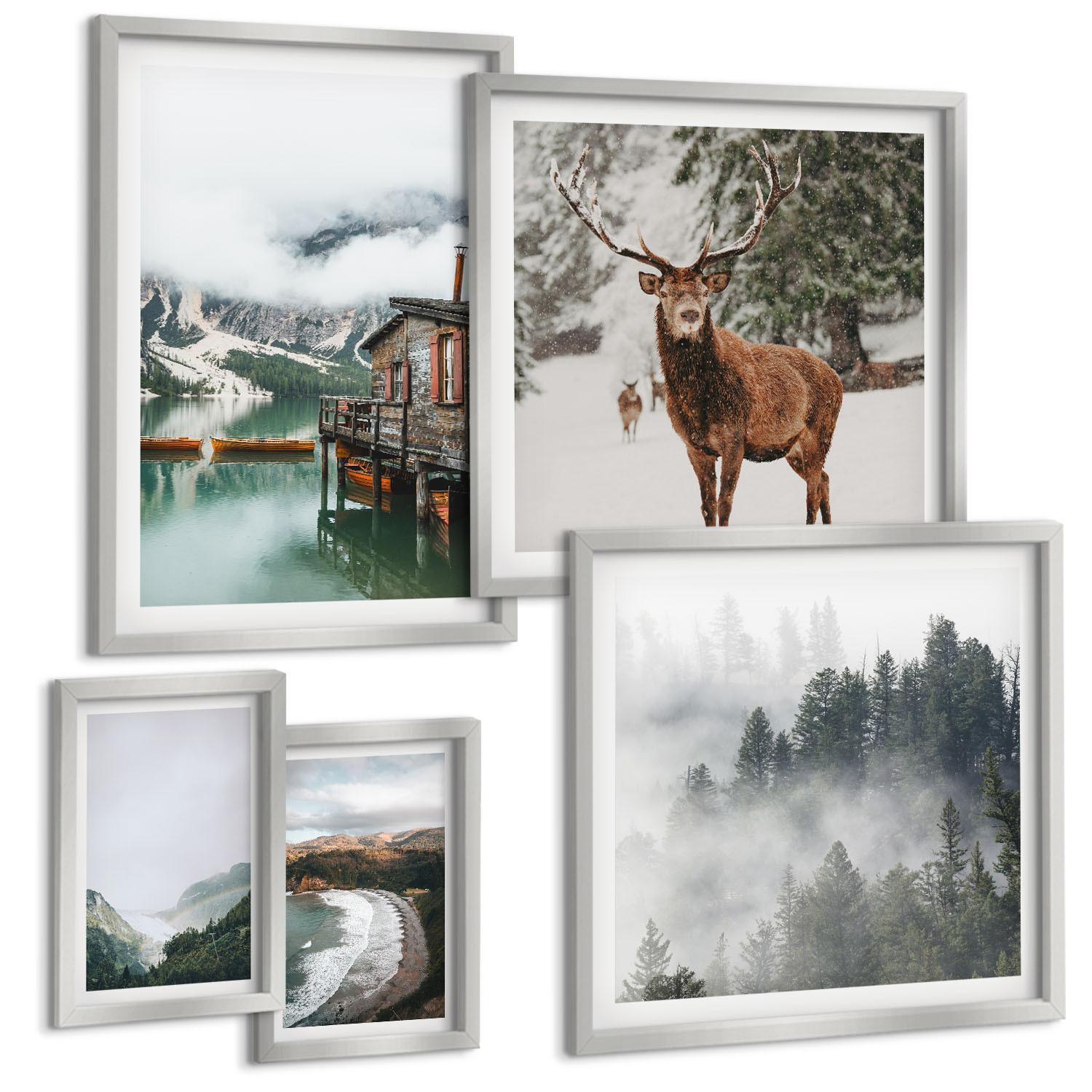 BILDER SET 5er Set - 50x50 cm & 20x30 cm & 40x60 cm Silberner Rahmen - Bergstrände Wolken Wasser - Silberfarben, Kunststoff (40/60cm) - TULUP