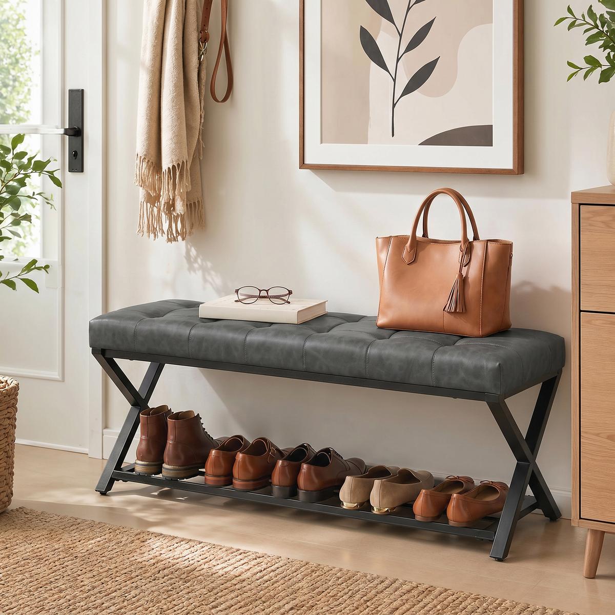 SCHUHBANK Kunstleder Kohlenstoffstahl Dunkelgrau - Dunkelgrau/Schwarz, Kunststoff/Textil (112/47/37cm) - HOMCOM