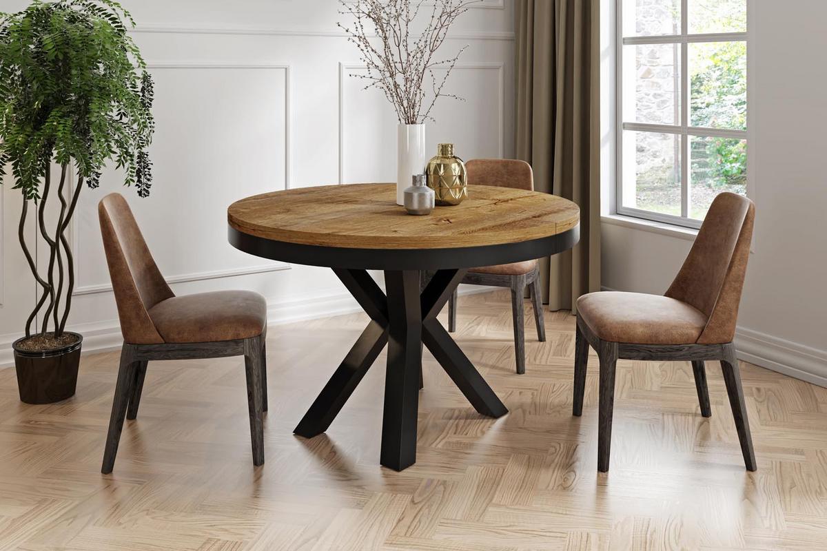 ESSTISCH Clara runder ausziehbarer, Lefkas Eiche 120-200/120/76 cm - Alteiche/Schwarz, Holzwerkstoff/Metall (200/120/76cm) - WFL GROUP