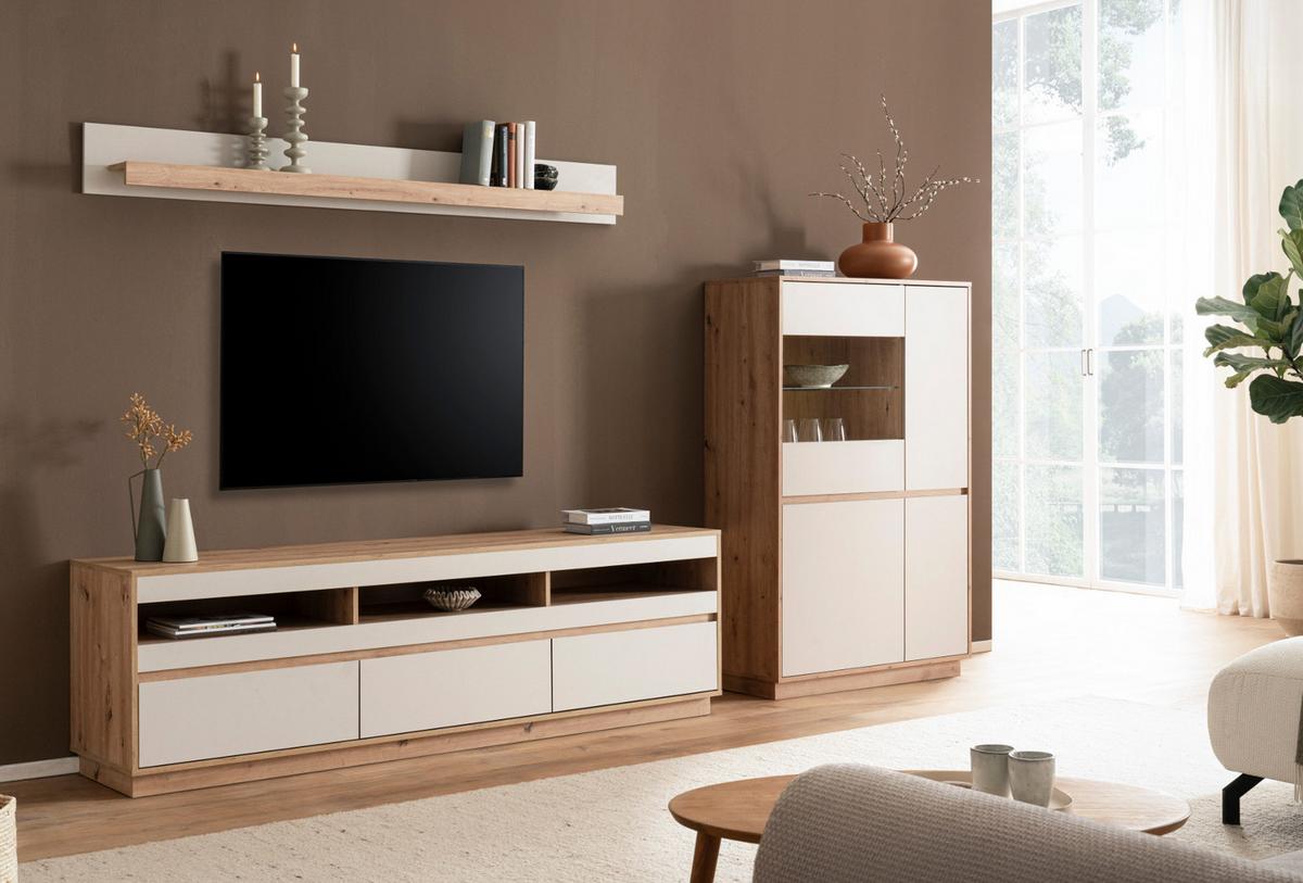 WOHNWAND Kaschmir, Artisan Eiche 292 cm 3-teilig, Schrankwand mit Soft-Close - Kaschmir/Eiche Artisan, Glas/Holzwerkstoff (292/170/45cm) - Furn.Design