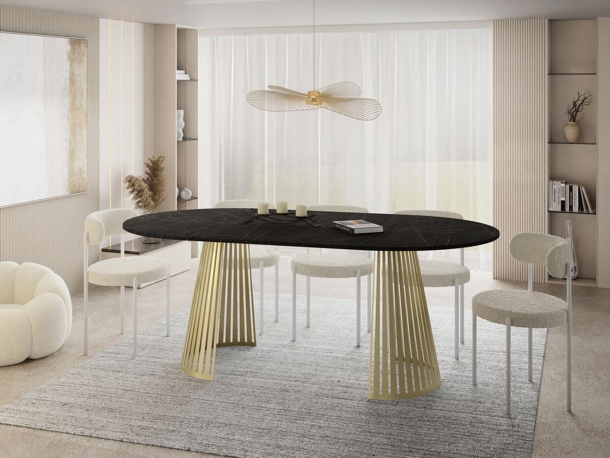 ESSTISCH Naro rund ausziehbar mit Goldenem Lamellen-Metallgestell, Marmor Schwarz 100-180/100/76 cm - Anthrazit/Goldfarben, Holzwerkstoff/Metall (100/176/76cm) - WFL GROUP