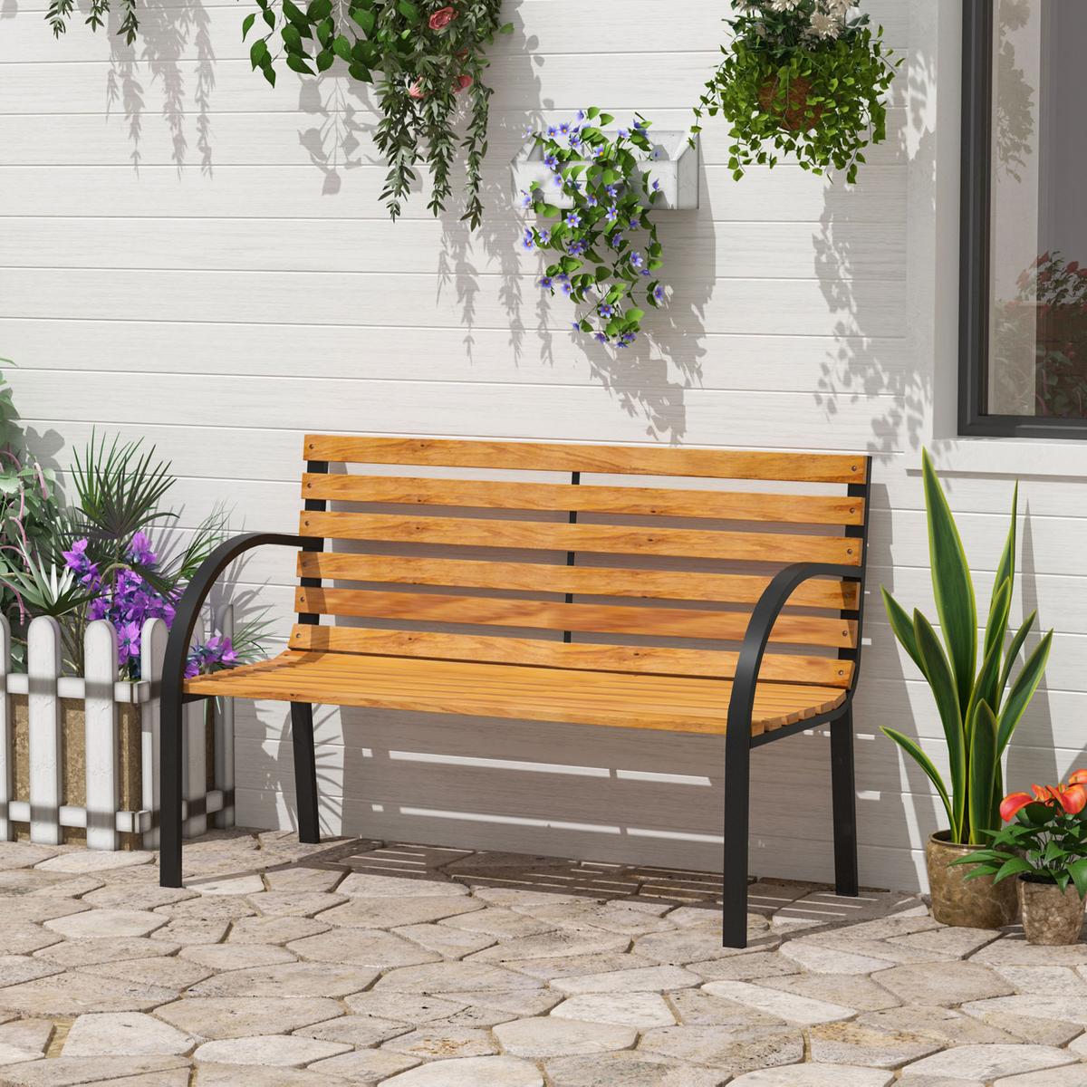 GARTENBANK, Sitzbank, Parkbank, 2-Sitzer, für Garten, Stahl+Holz, Natur - Fichtefarben, Metall (60/83/122cm) - Outsunny