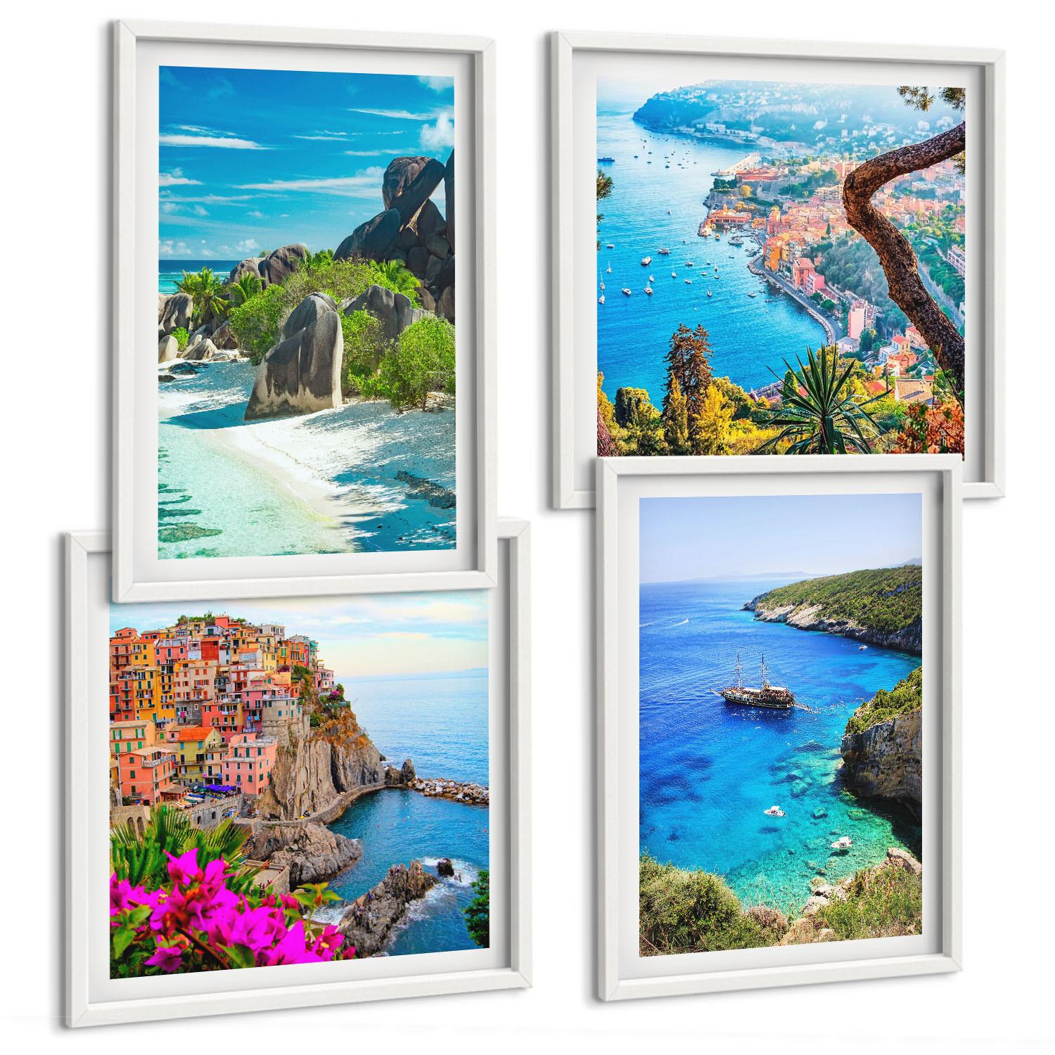 BILDER SET 4er Set - 50x50 cm & 40x60 cm Weißer Rahmen - Palmen am Meer, blaues Wasser - Weiß, Kunststoff (50/50cm) - TULUP