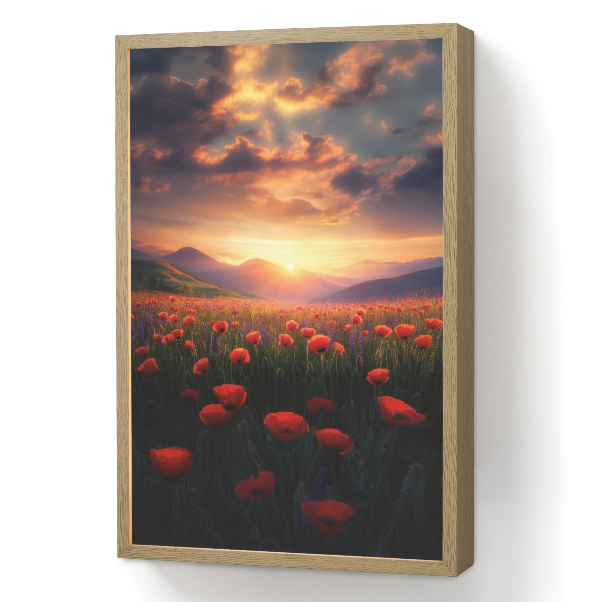 WANDLEUCHTE MIT AKKU Landschaft - Sonnenuntergang - Blumenfeld 40x60 cm - Rot, Holzwerkstoff (40/60/8cm) - OnlyWow