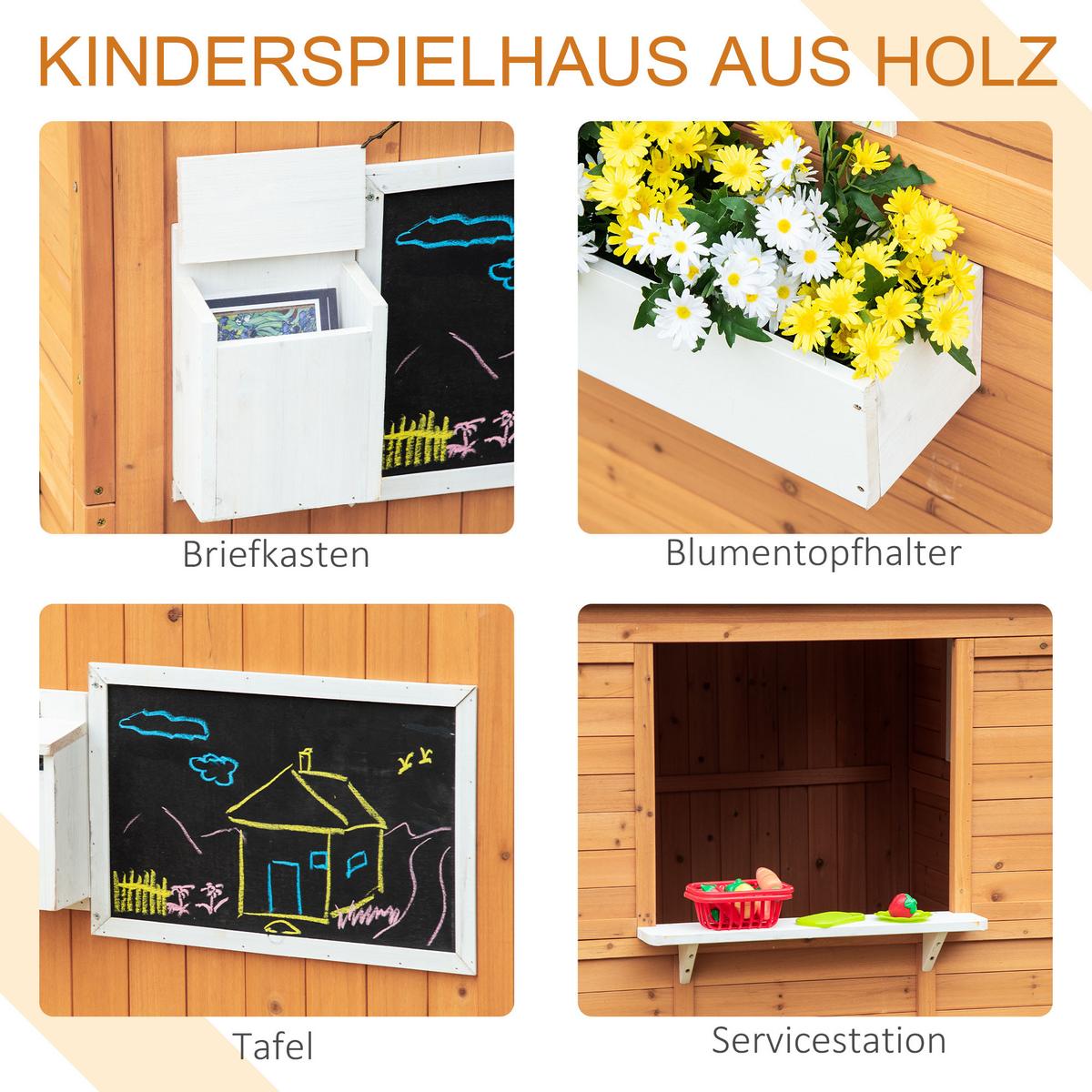 SPIELHAUS für Kinder Holz Kinderspielhaus mit Fenster Briefkasten Blumentopfrack - Naturfarben, Holz (108/135.5/122cm) - Outsunny