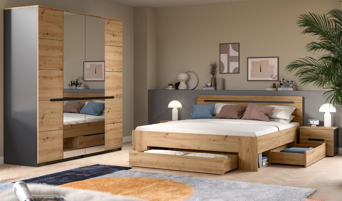 SCHLAFZIMMER Set 4-teilig Eiche Artisan, grau, Komplettset mit Kleiderschrank, Bett und 2x Nachttisch - Eiche Artisan/Grau, Glas/Holzwerkstoff - Inn.Furn
