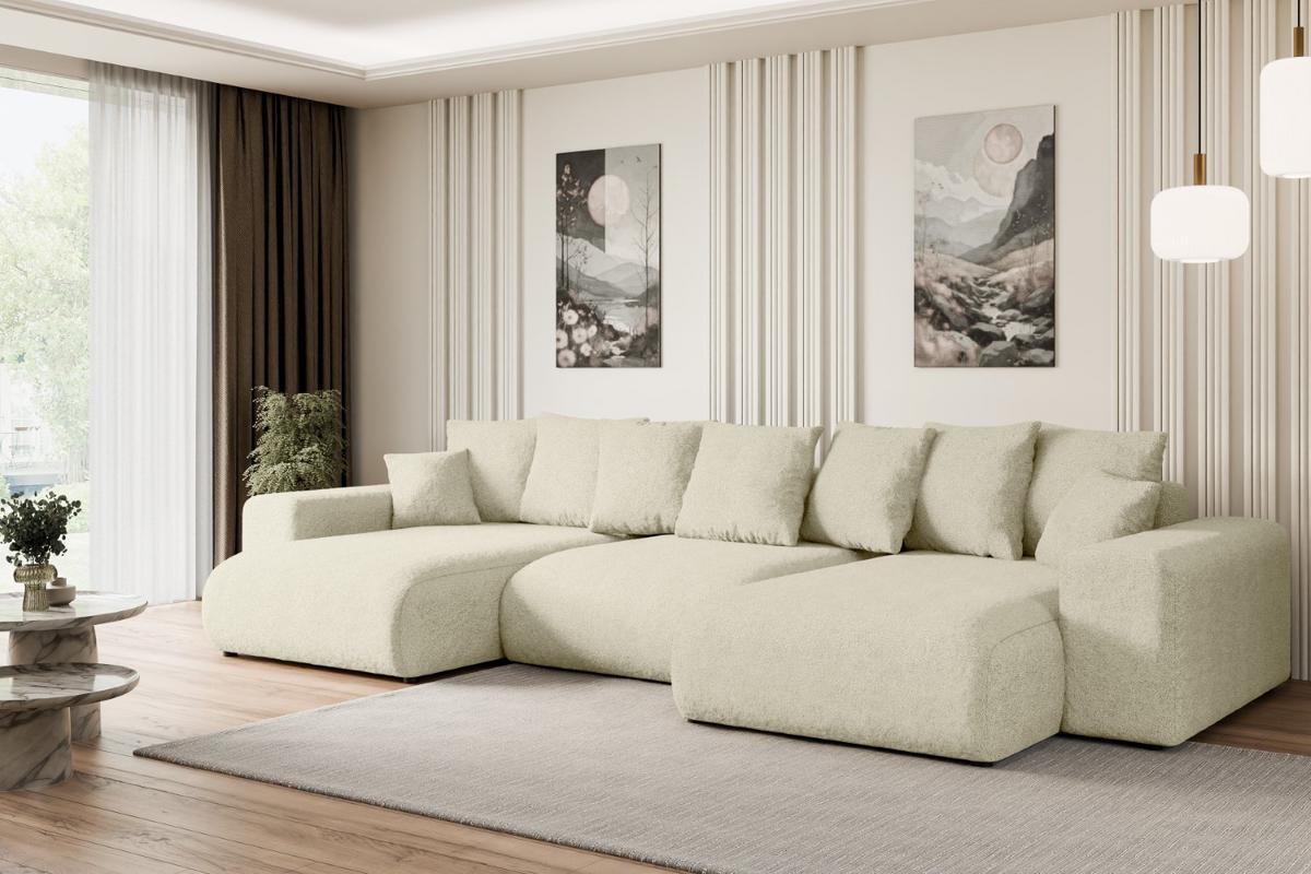WOHNLANDSCHAFT mit Schlaffunktion ESKAR-U -364x176x72cm Beige Bouclé - Beige/Schwarz, Holzwerkstoff/Kunststoff (364/72/176cm) - ALTDECOR