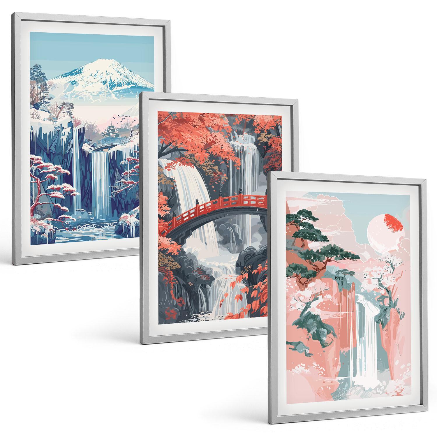 BILDER SET 3er Set - 40x60 cm Silberner Rahmen - Wasserfälle, Berge, Brücken, Bäume - Silberfarben, Kunststoff (40/60cm) - TULUP