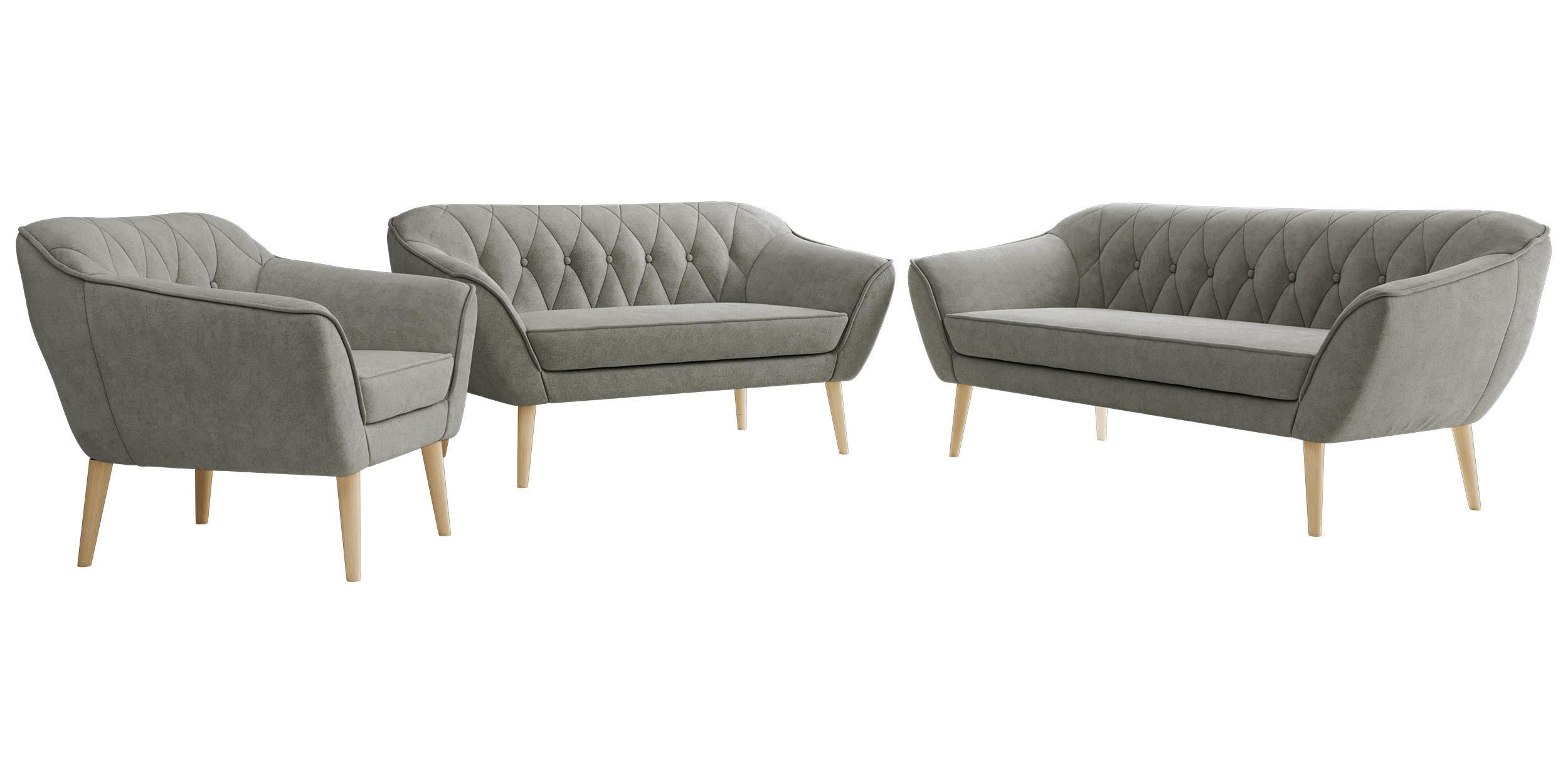 SITZGARNITUR PIRS 3+2+1 - Grau Strukture - Holzbeine - Platinfarben/Buchefarben, Holzwerkstoff/Textil (180/75/74cm) - MKS