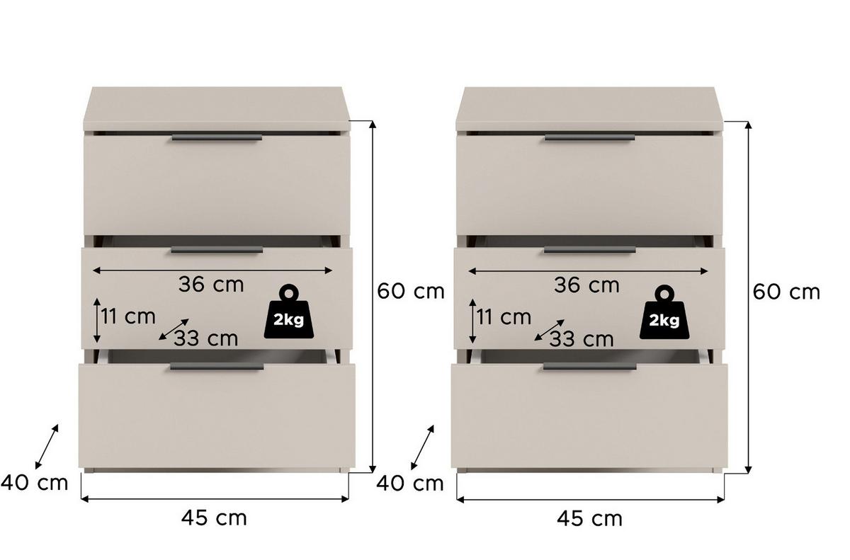 NACHTTISCH-SET kaschmir 45 x 60 cm, 2x Nachtkommode in Komforthöhe - Kaschmir/Schwarz, Holzwerkstoff/Kunststoff (45/60/40cm) - Inn.Furn