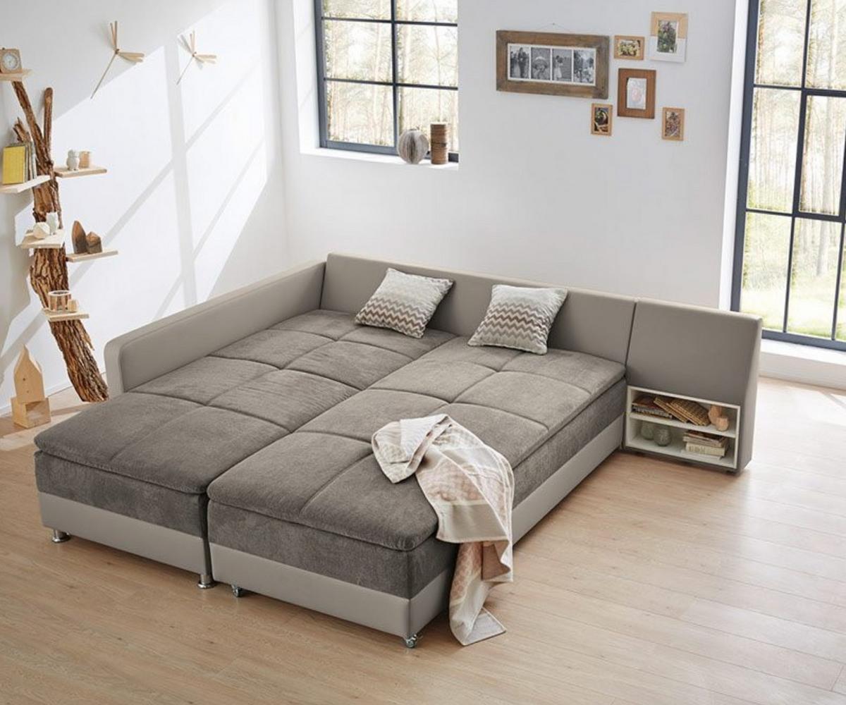 ECKSOFA-DAUERSCHLÄFER Doppelbett Boxspring Federkern Topper, Schwenkteil rechts B306/T223/H95 cm, Kunstleder Beige+Mikrofaser Graubraun / 15102 - Chromfarben/Graubraun, Kunststoff/Textil (306/223cm) - luma-home