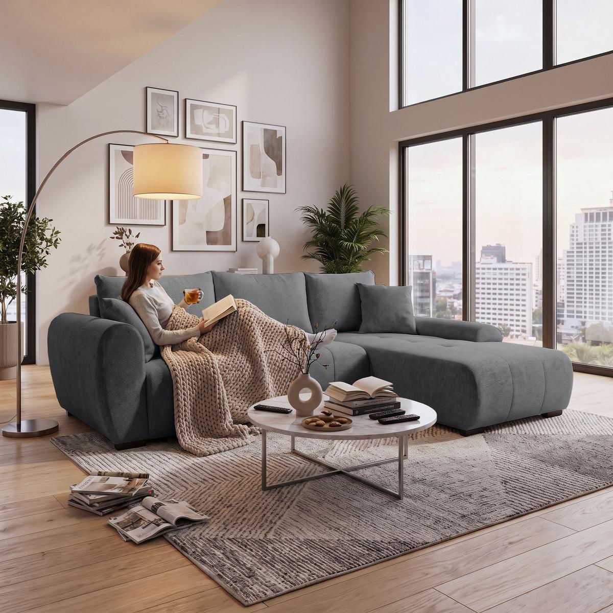 ECKSCHLAFSOFA Dallas mit Bettkasten, 255 cm, Dunkelgrau, rechts, Velour-Stoff - Dunkelgrau, Textil (255/175cm) - Beautysofa