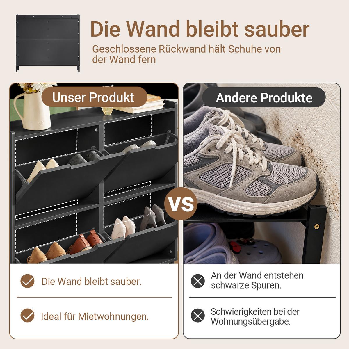 SCHUHSCHRANK schmal, nur 19 cm tief, schwarz, 4 Klappen, 8 Paar, bis EU 46, für Flur & hinter der Tür, 100x91x19 cm - Schwarz, Holzwerkstoff/Metall (100/91/19cm) - SoBuy