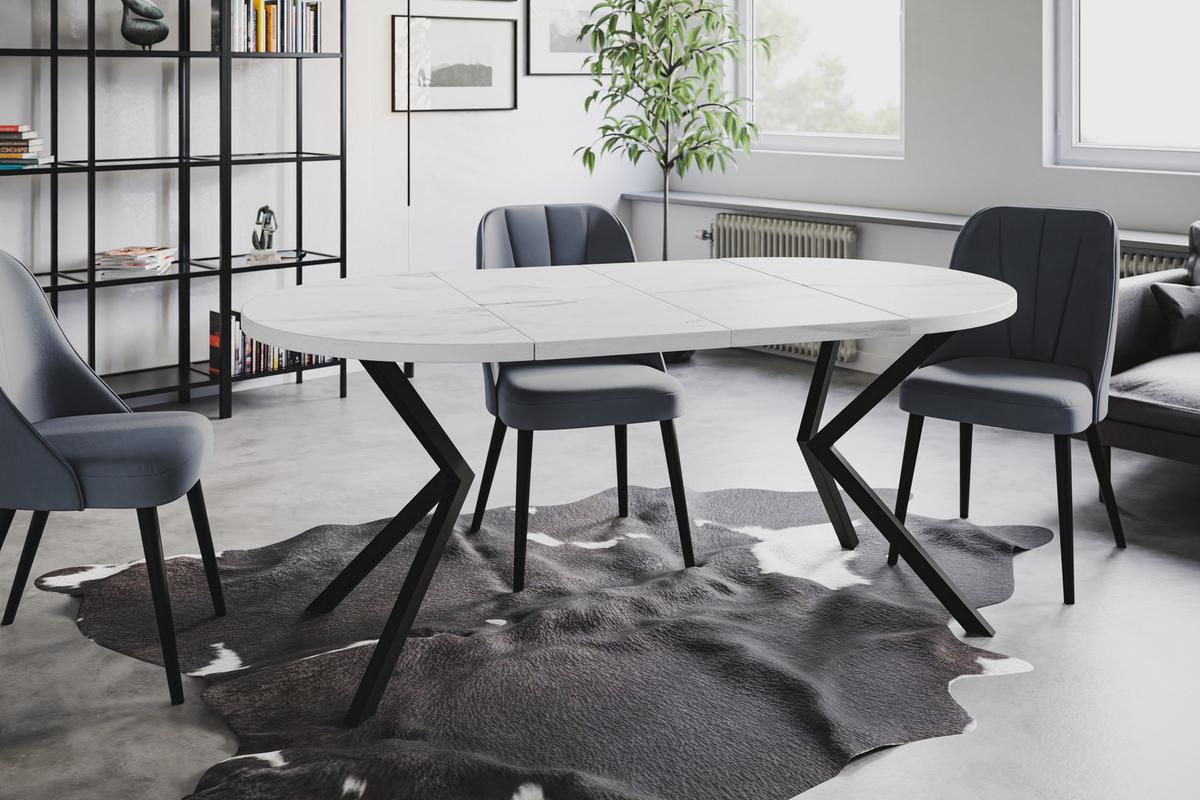 RUNDER Esszimmertisch LOFT LITEN, ausziehbarer Tisch Durchmesser: 120 cm/200 cm, Wohnzimmertisch Farbe: Marmur, mit Metallbeinen in Farbe Schwarz - Hellgrau/Schwarz, Holzwerkstoff (120/120/76cm) - Alpi-Möbel