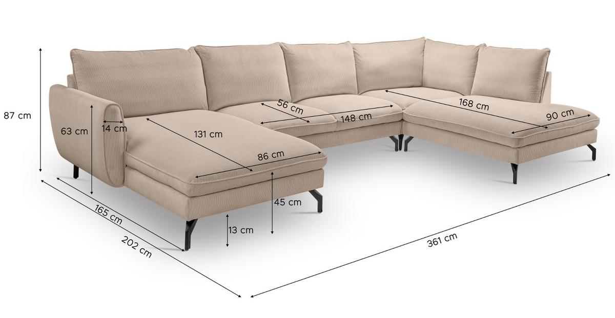 SOFA beige Cord-Stoff 202 x 361 cm, Wohnlandschaft U-Form - Beige/Schwarz, Holz/Textil (361/87/202cm) - Inn.Furn