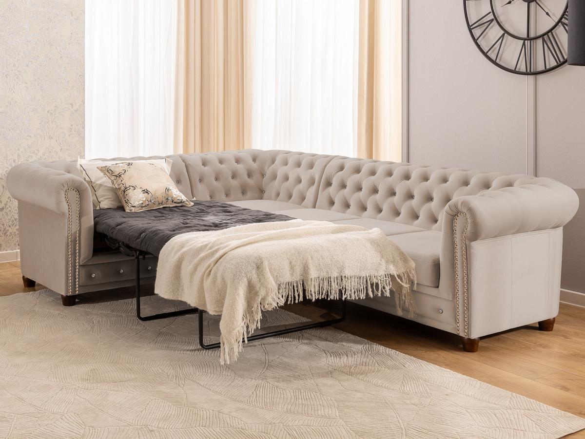 ECKSOFA mit Schlaffunktion Chesterfield Beige Samt mit Kristallsteppung und braunen Massivholzfüßen - Ottomane Links - Beige/Braun, Holz/Textil (264/210cm) - S-Style