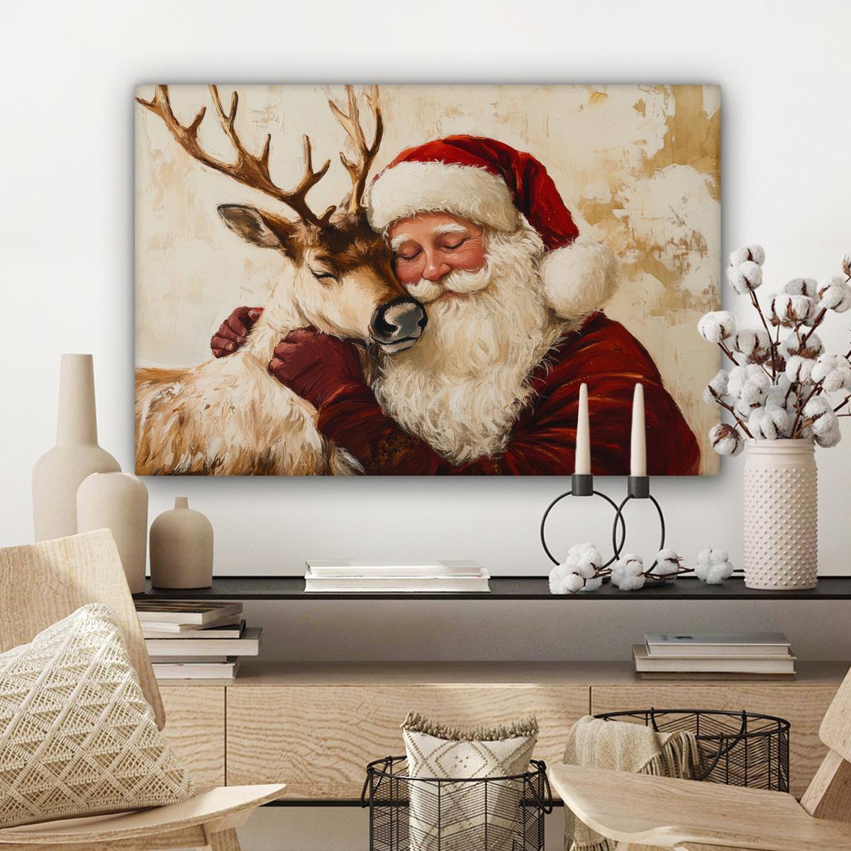 LEINWANDBILD Weihnachtsmann - Rentier - Weihnachten Gemälde 60x40 cm - Rotbraun, Textil (60/40cm) - MuchoWow