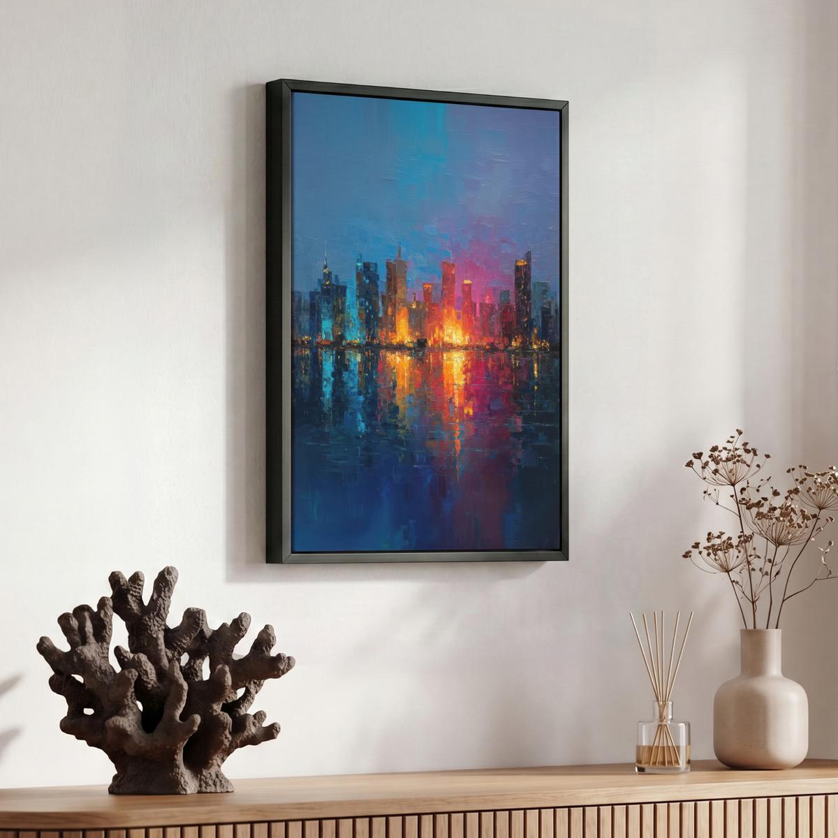 LEINWAND Bilder mit Rahmen - Skyline - Pinselstriche - Dunkelblau - Leuchtend - 30x40 - Blau, Textil (30/40cm) - MuchoWow